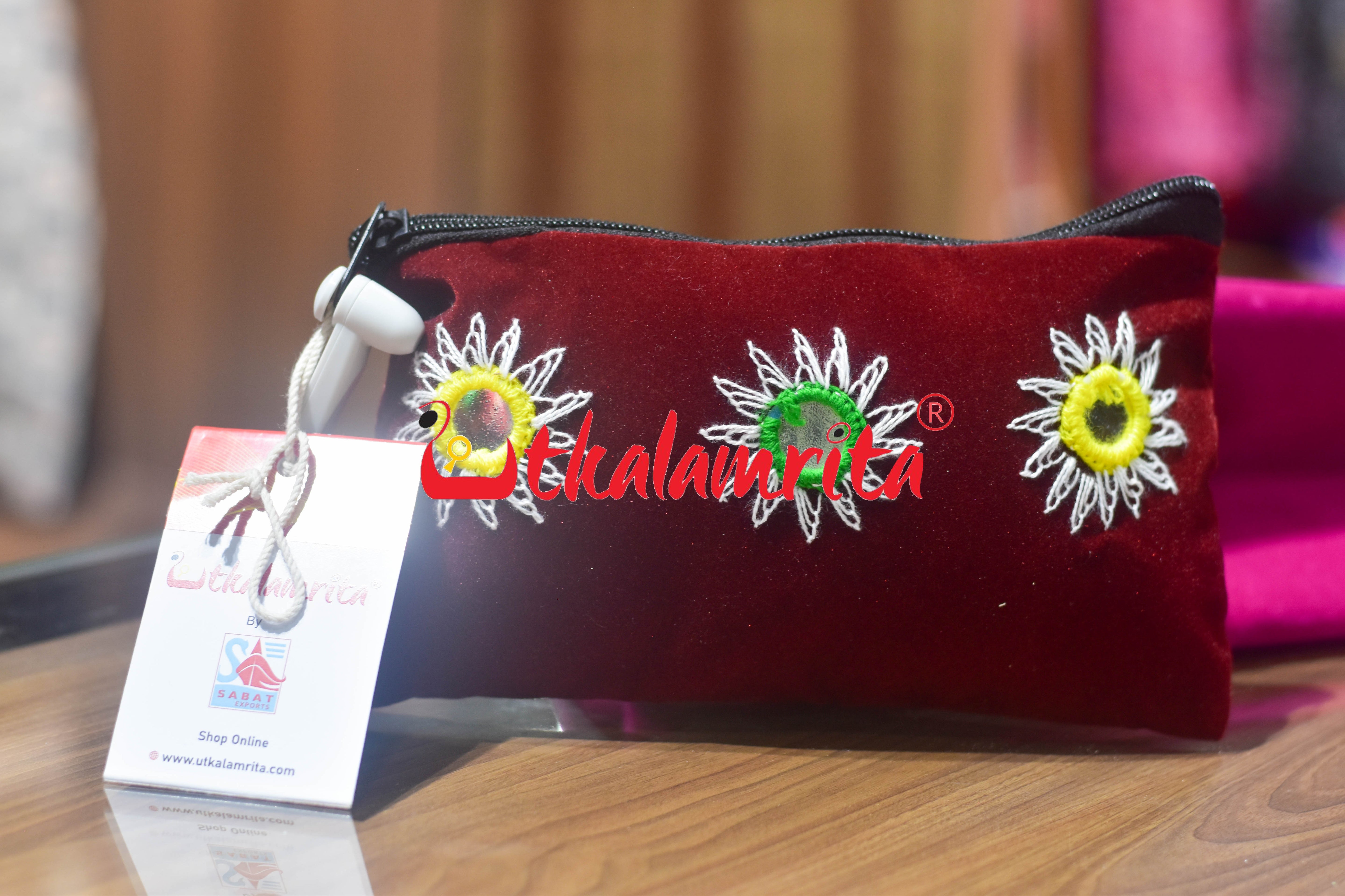 Maroon Velvet Pipli Applique Purse