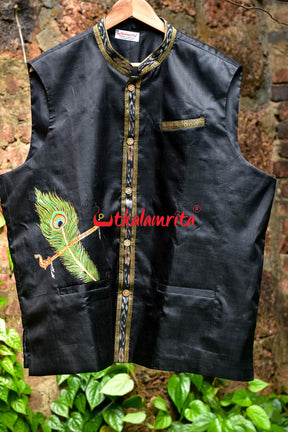 Black Silk Mayura Puchha Pattachitra (Men's  Half Jacket)