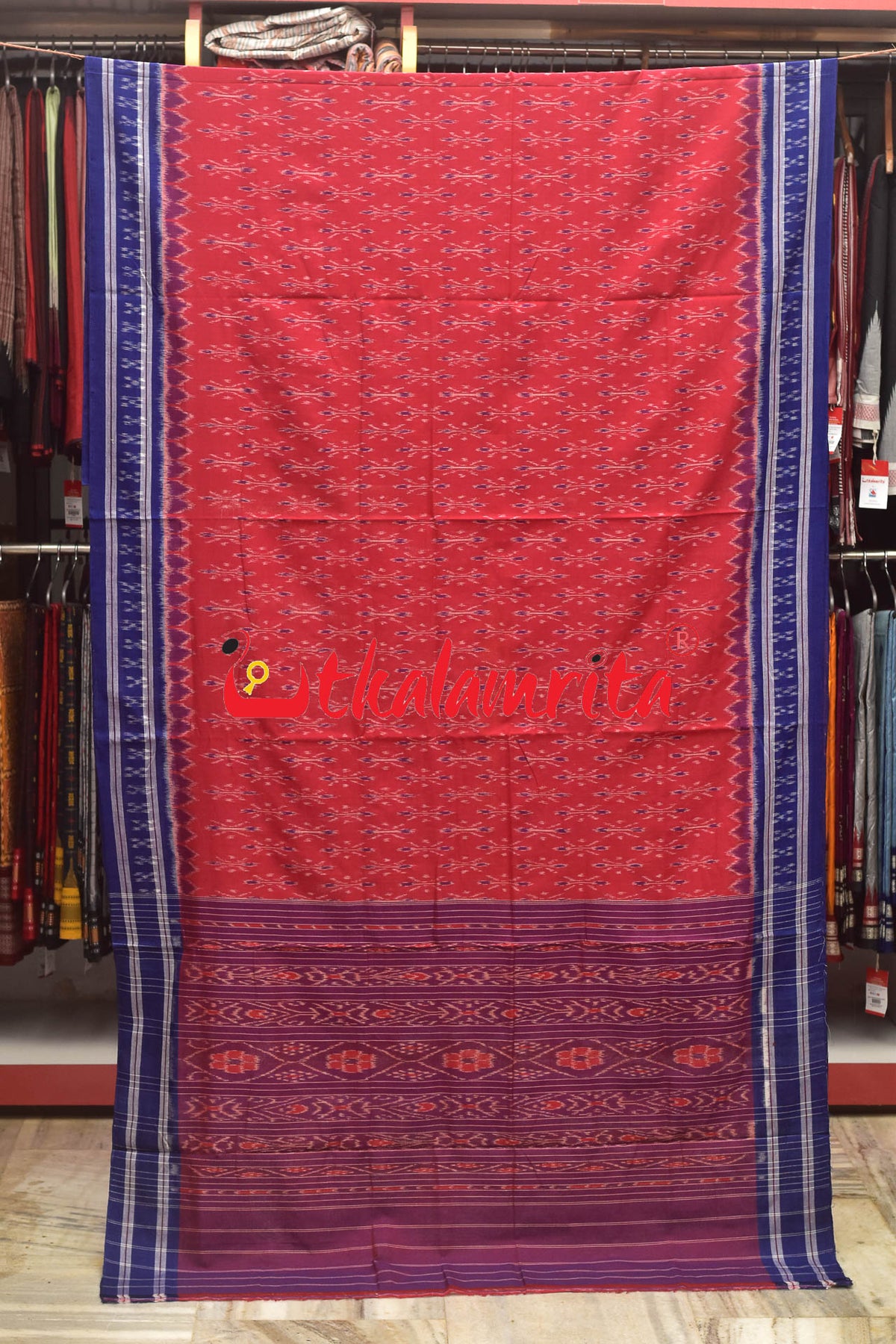 Red Blue Body Bandha Khandua Cotton Saree