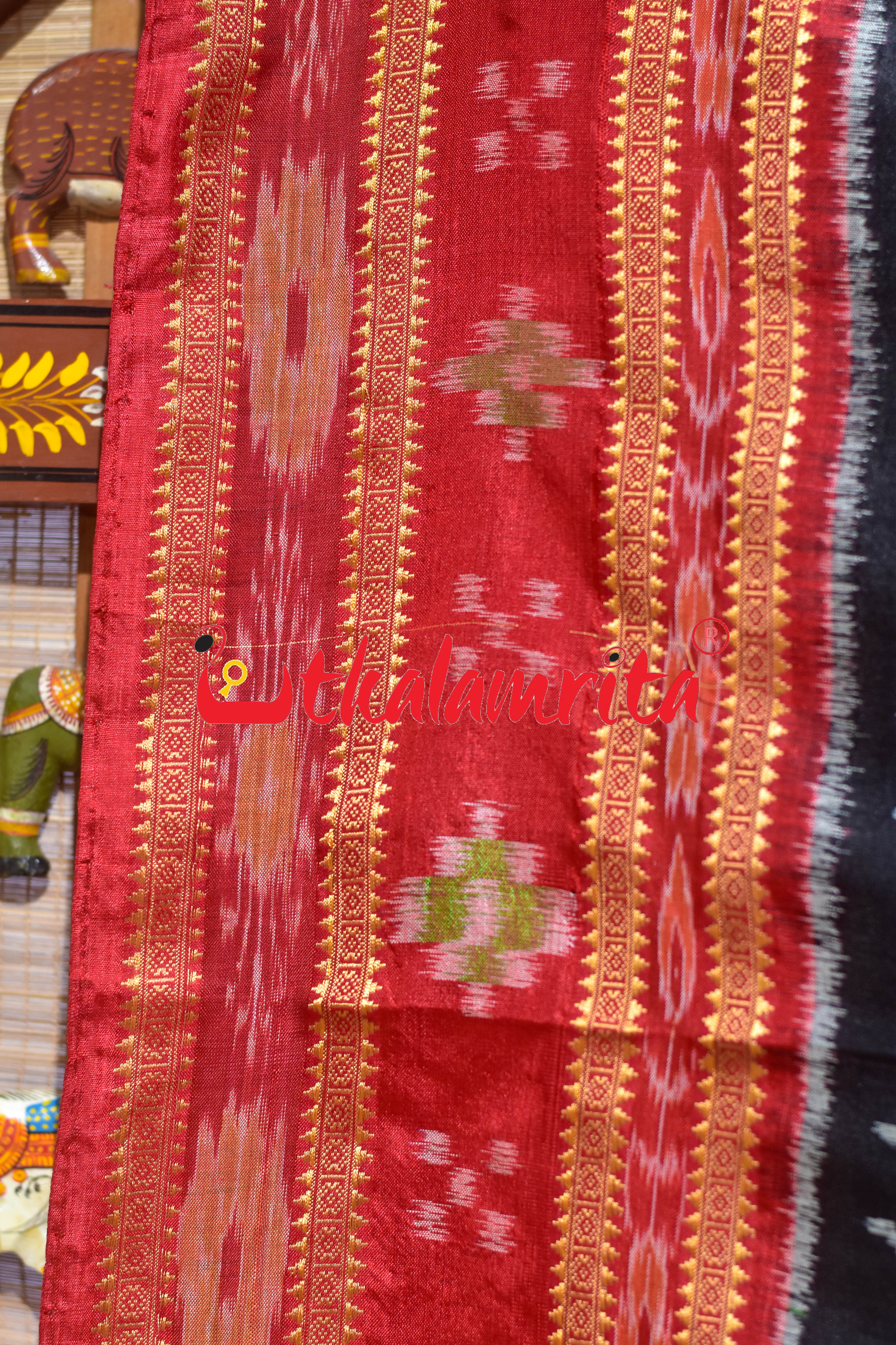 Black Red Sua Padma Khandua Silk Saree