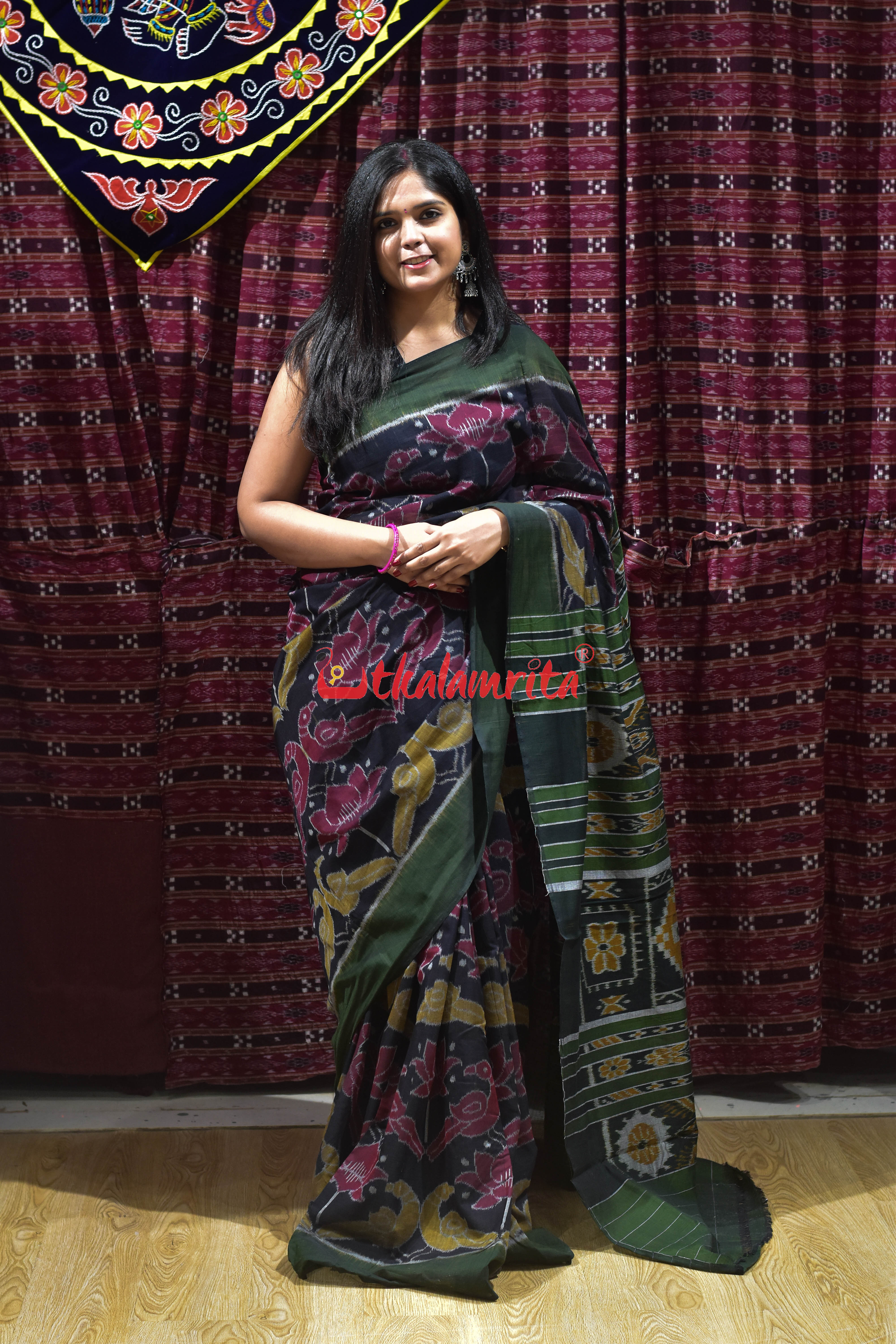 Lotus Parrot Black Khandua Cotton Saree