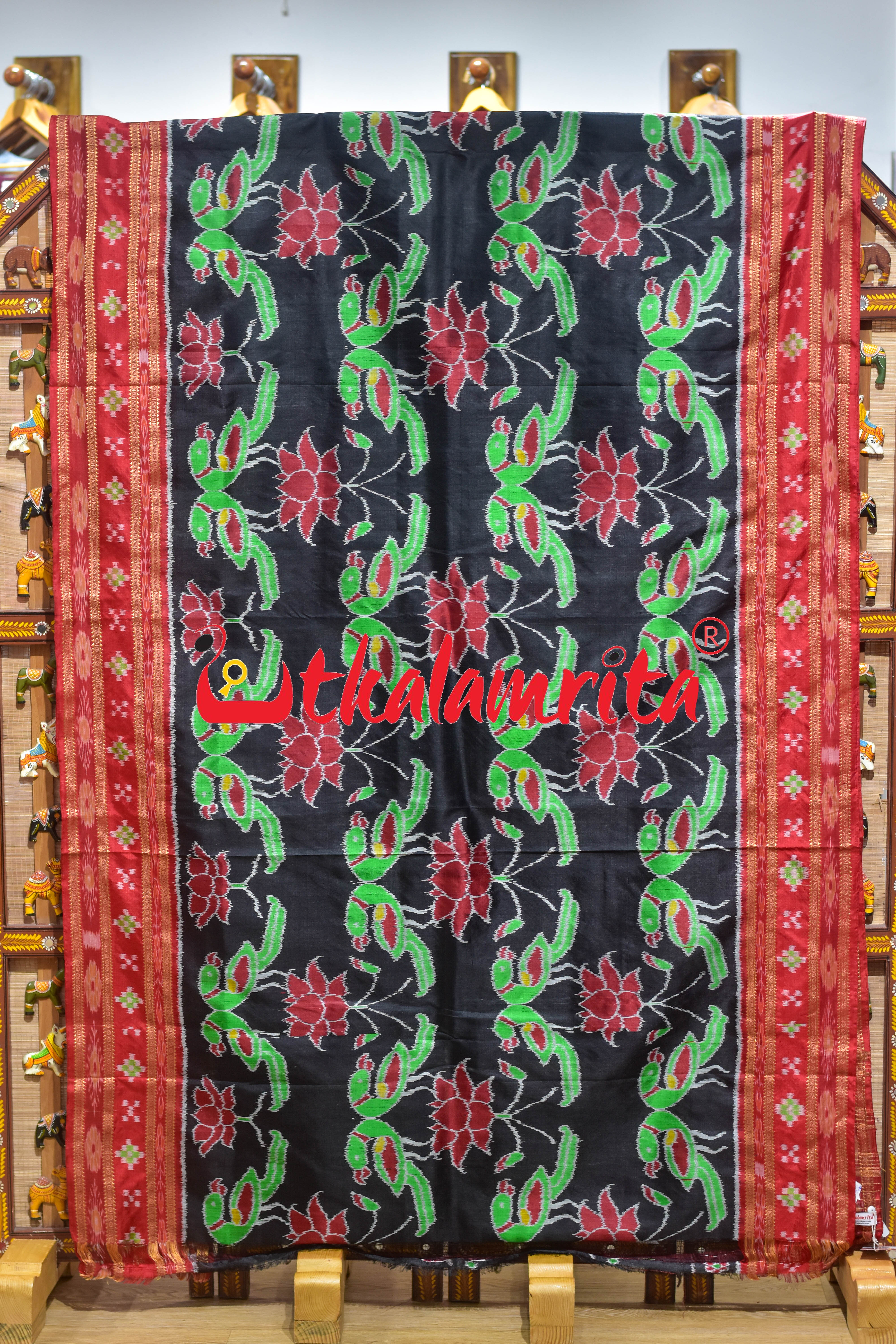 Black Red Sua Padma Khandua Silk Saree
