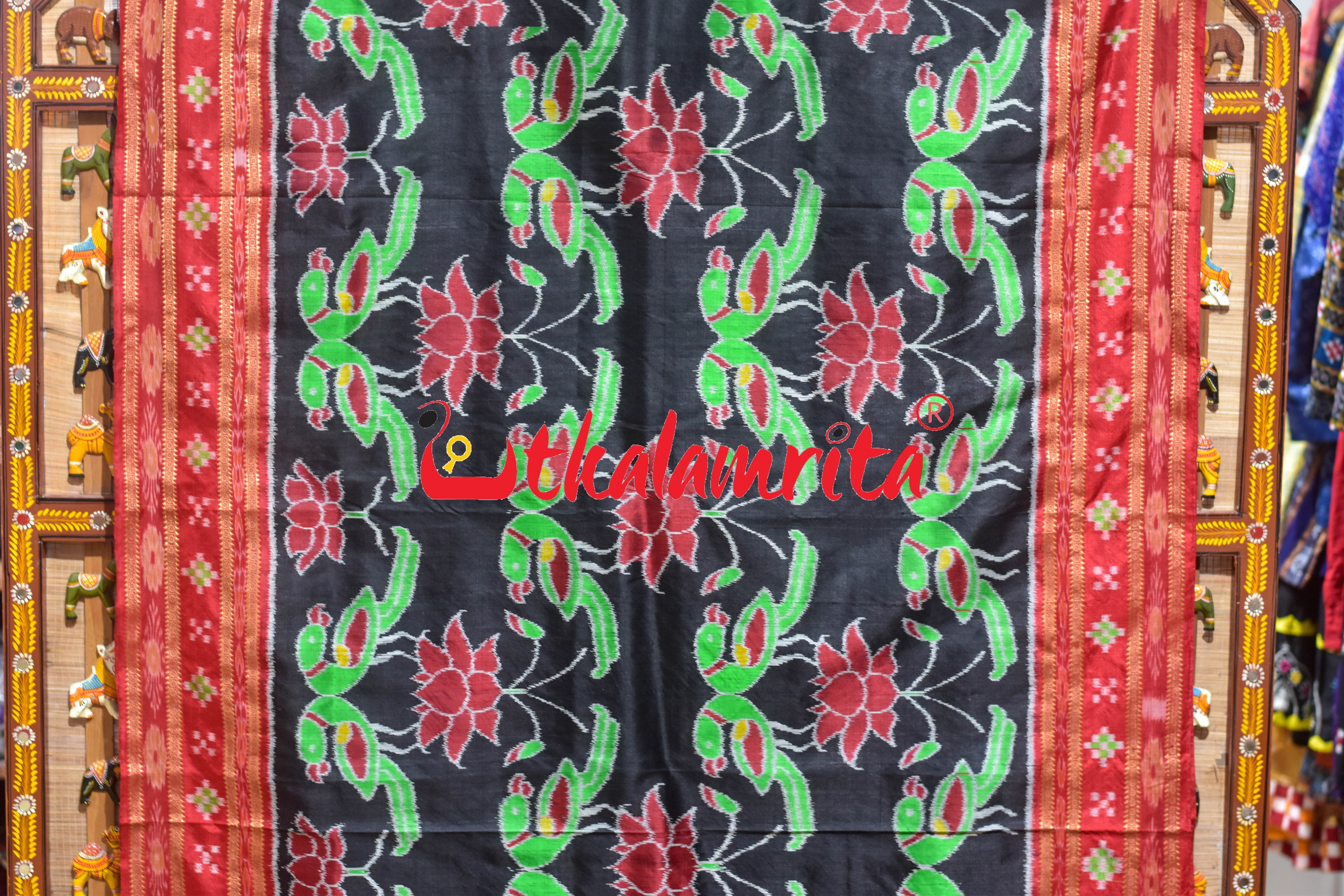 Black Red Sua Padma Khandua Silk Saree