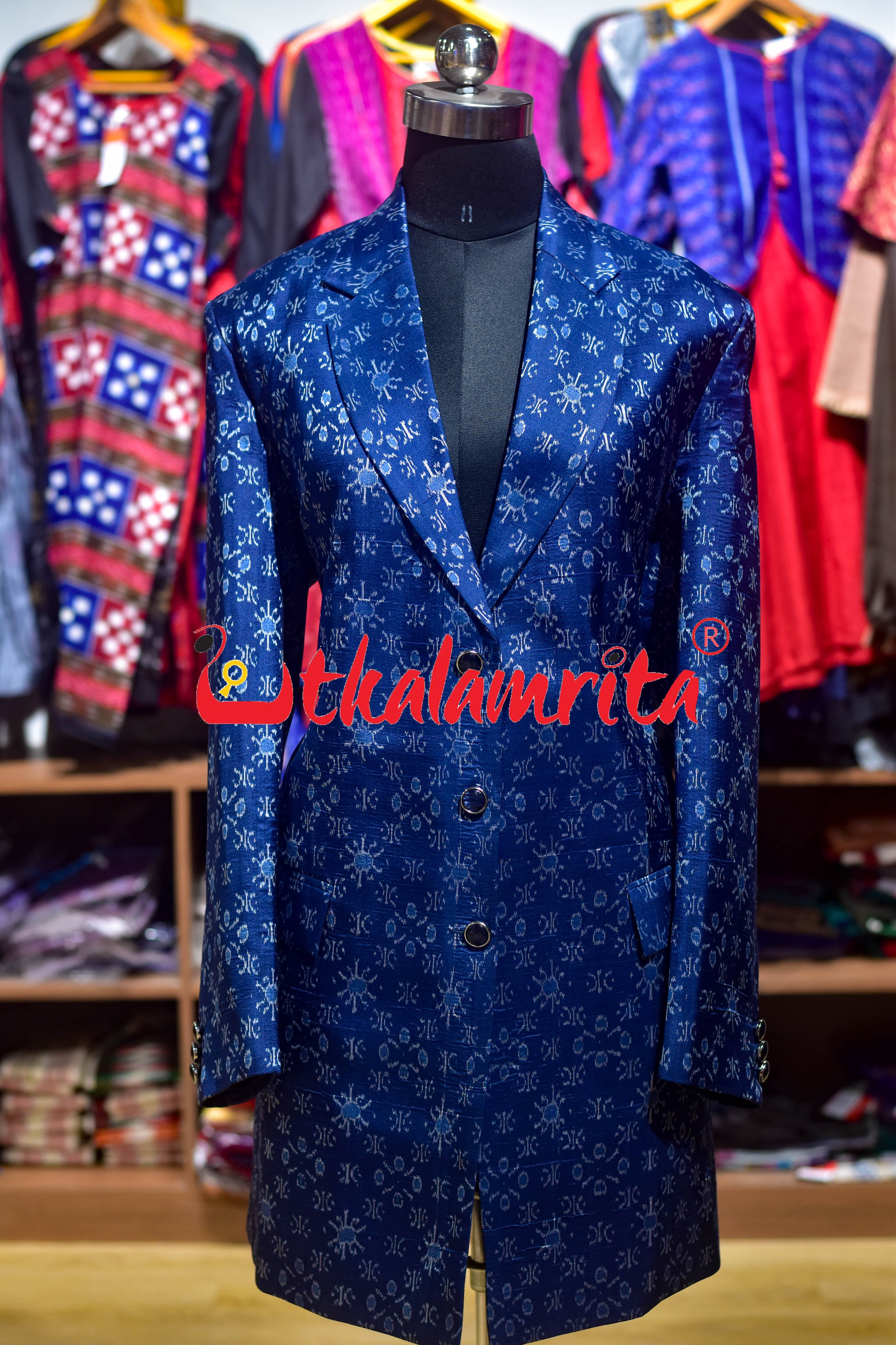 Royal Blue Star Flower Sambalpuri Silk Long (Ladies' Blazer)