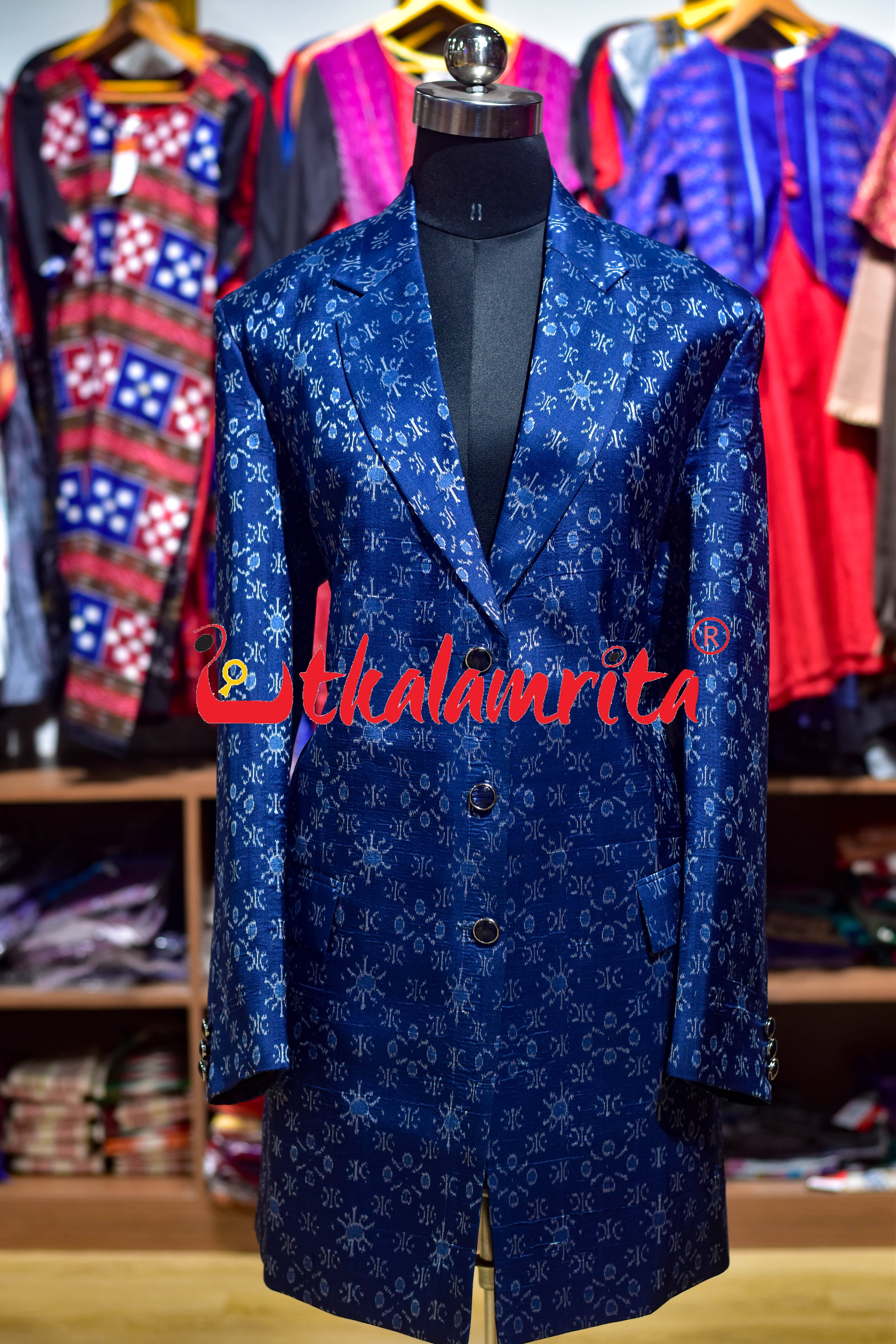 Royal Blue Star Flower Sambalpuri Silk Long (Ladies' Blazer)