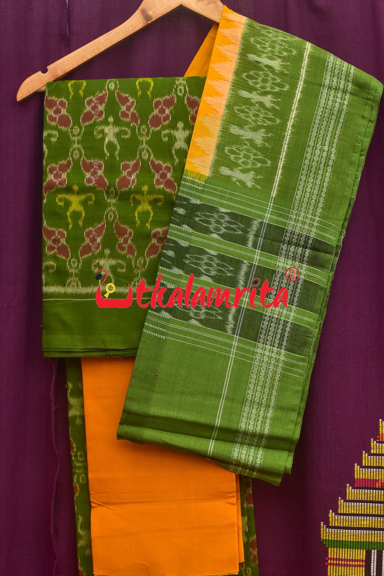 Green Yellow Flower Tribal Sambalpuri Dress Set