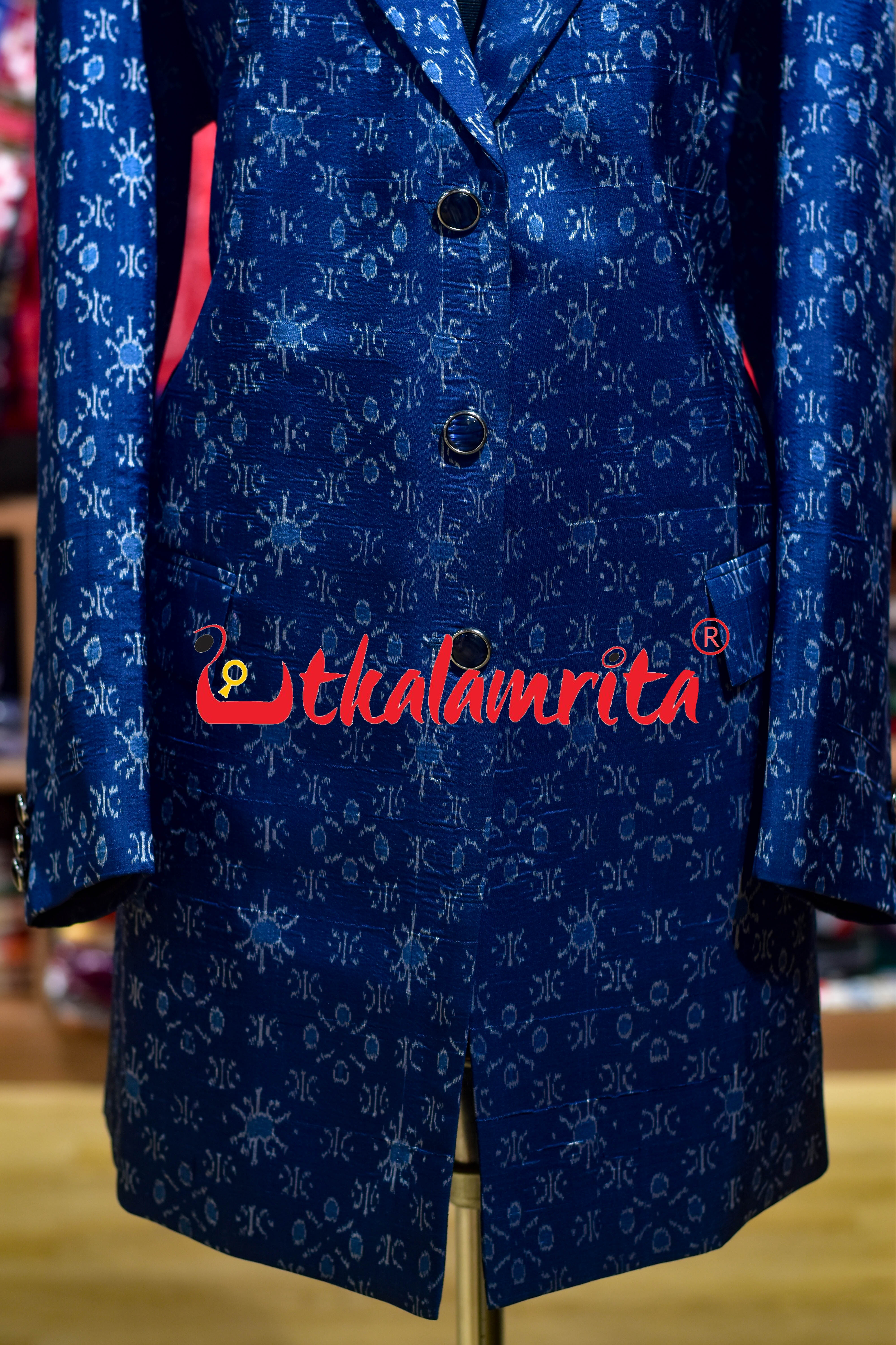 Royal Blue Star Flower Sambalpuri Silk Long (Ladies' Blazer)