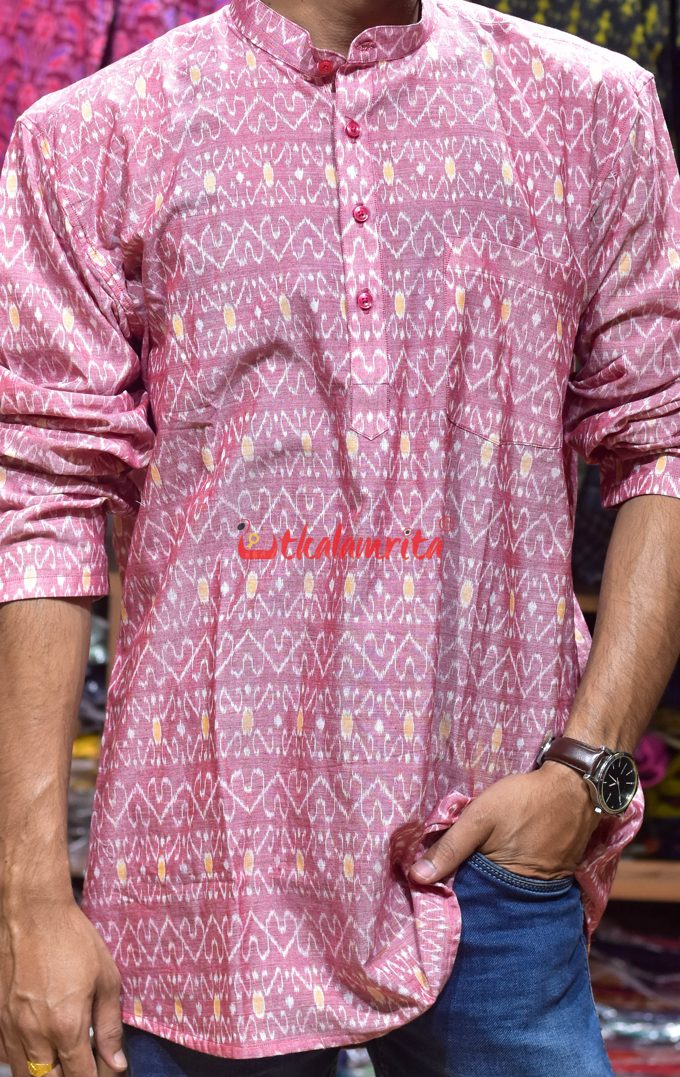 White Red S Design (Men's Short Kurta)