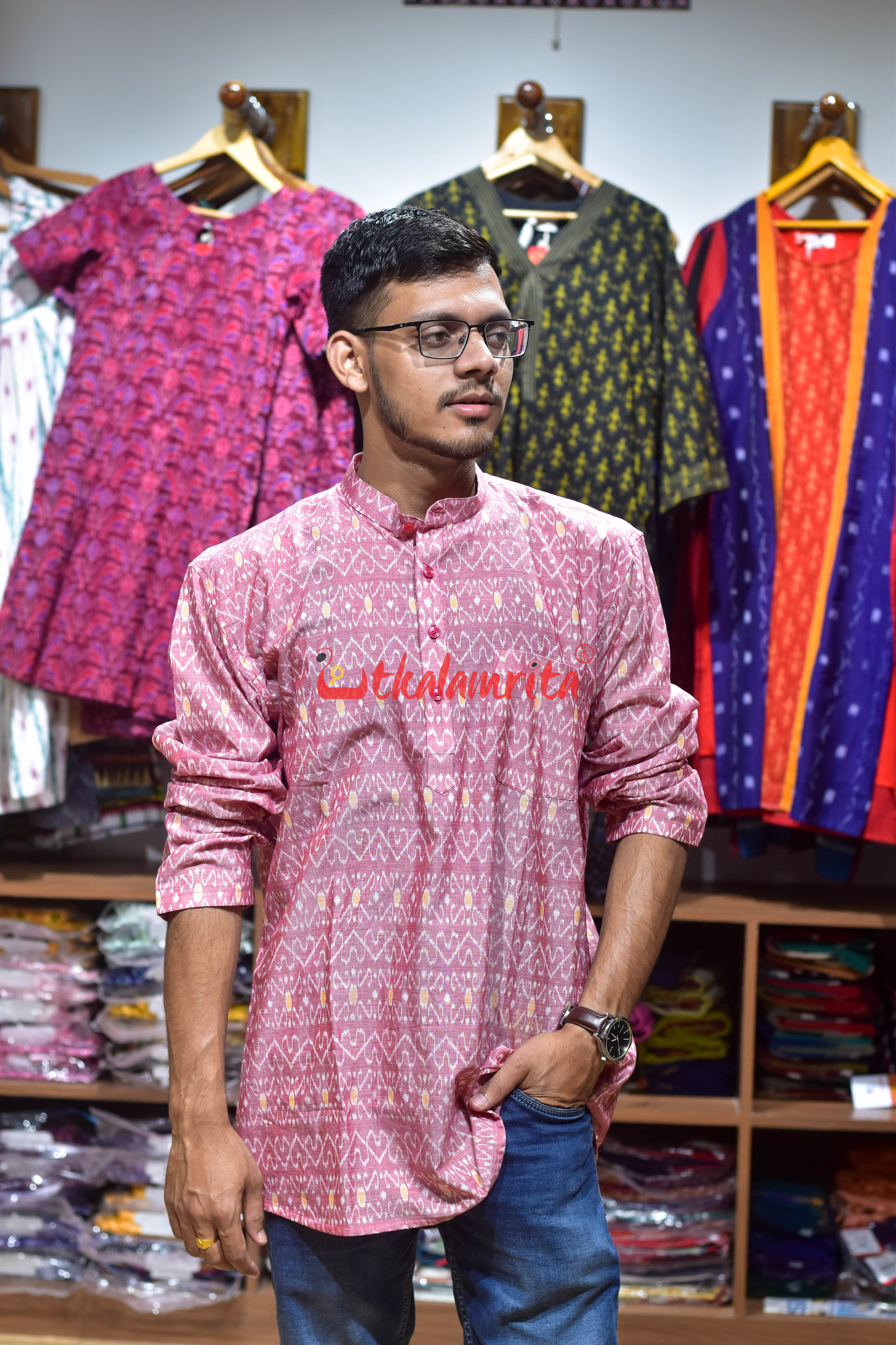 White Red S Design (Men's Short Kurta)