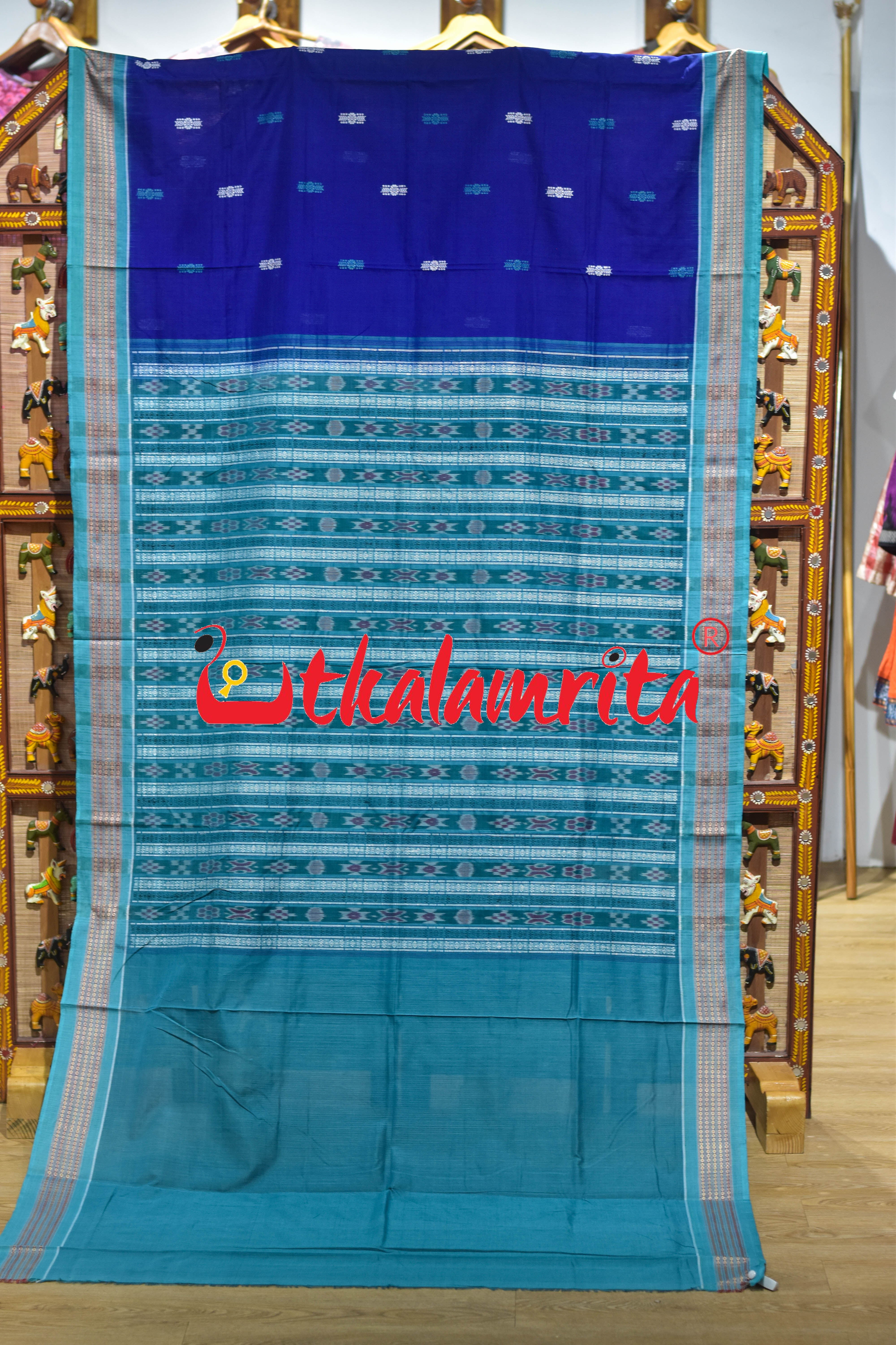Blue Rama Green Flower Bomkai Cotton Saree