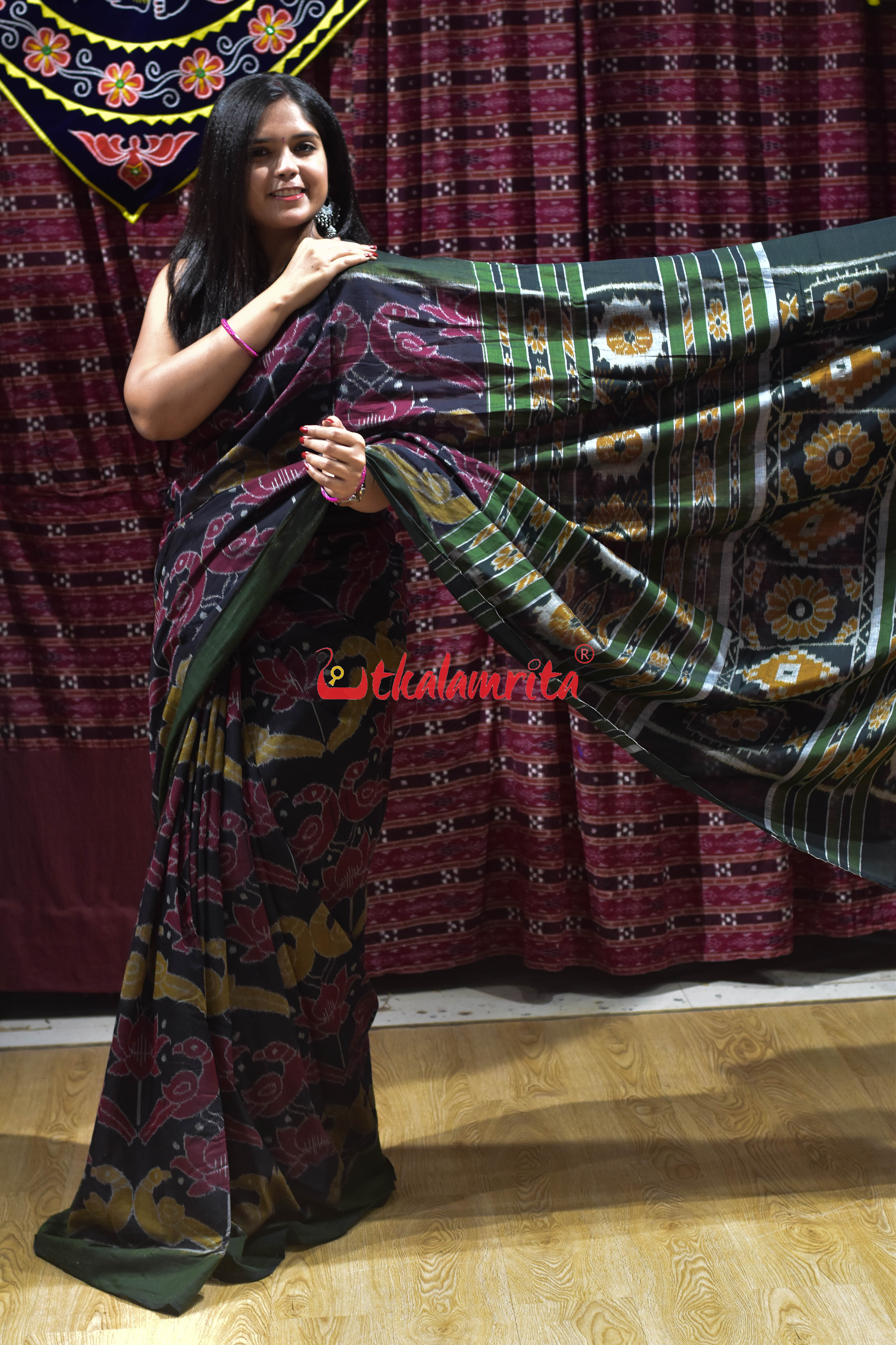 Lotus Parrot Black Khandua Cotton Saree