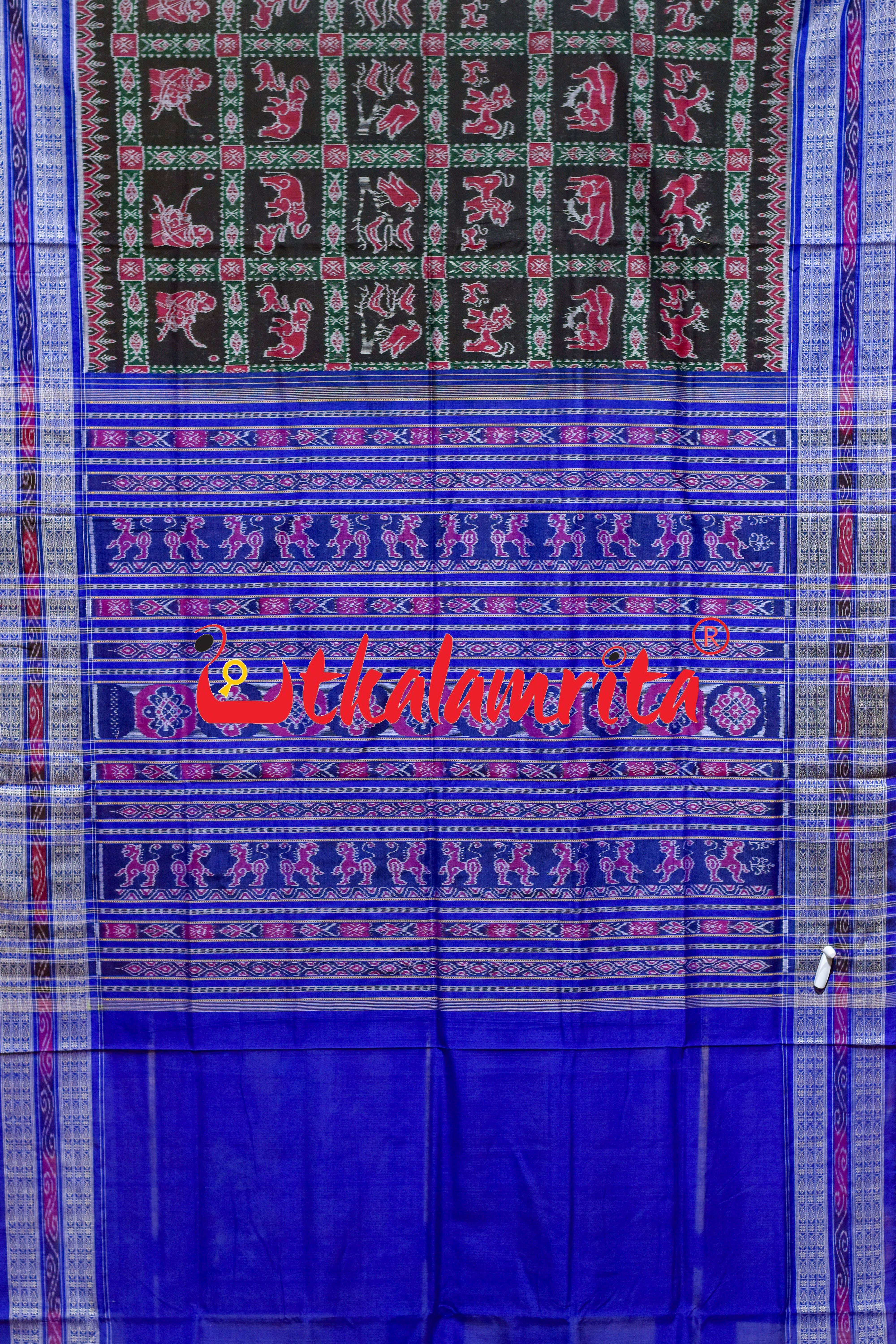 Black Blue Jungle Theme Sambalpuri Cotton Saree