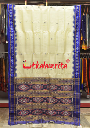 White with Blue Buti Pasapali Border Khandua Silk Saree