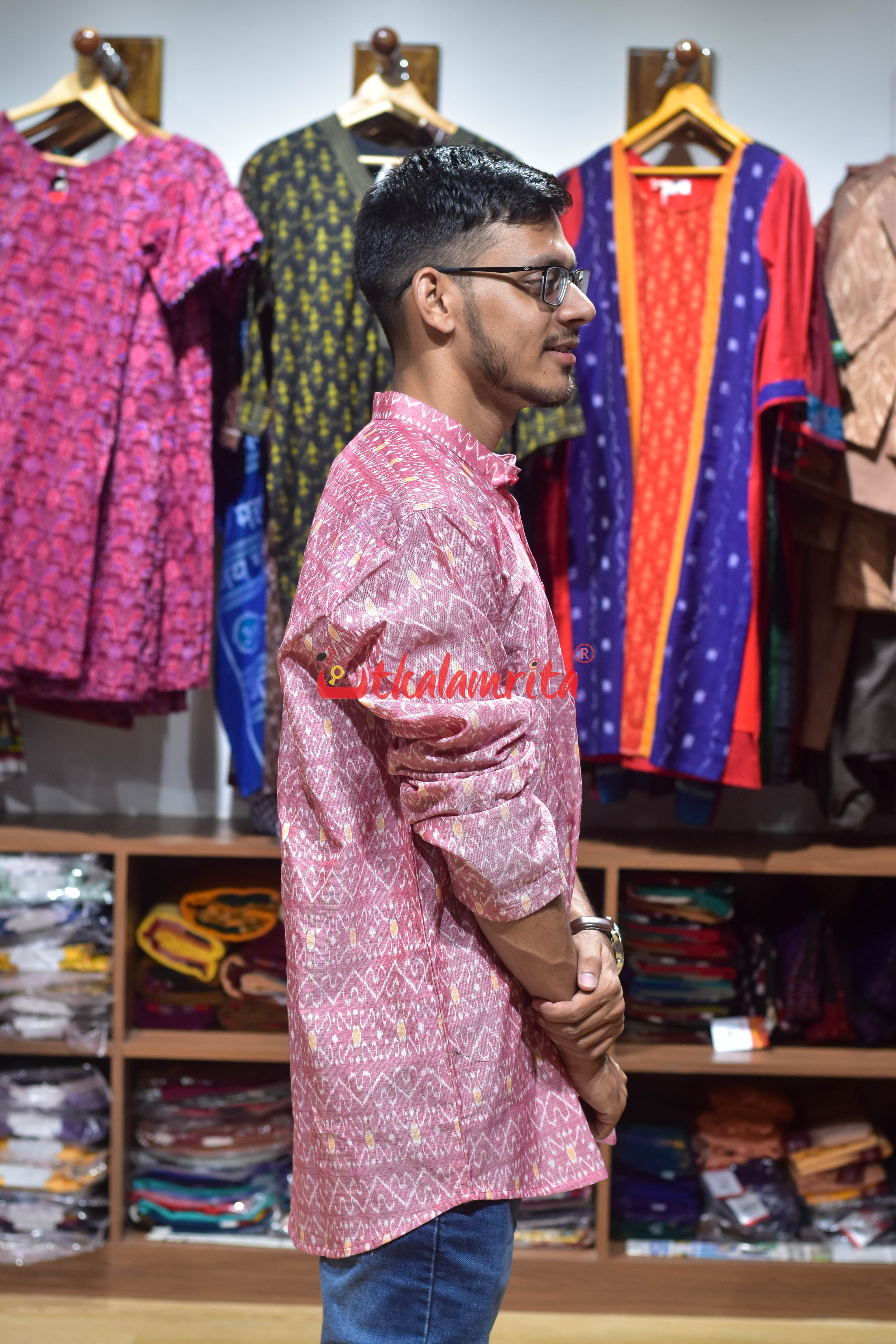 White Red S Design (Men's Short Kurta)