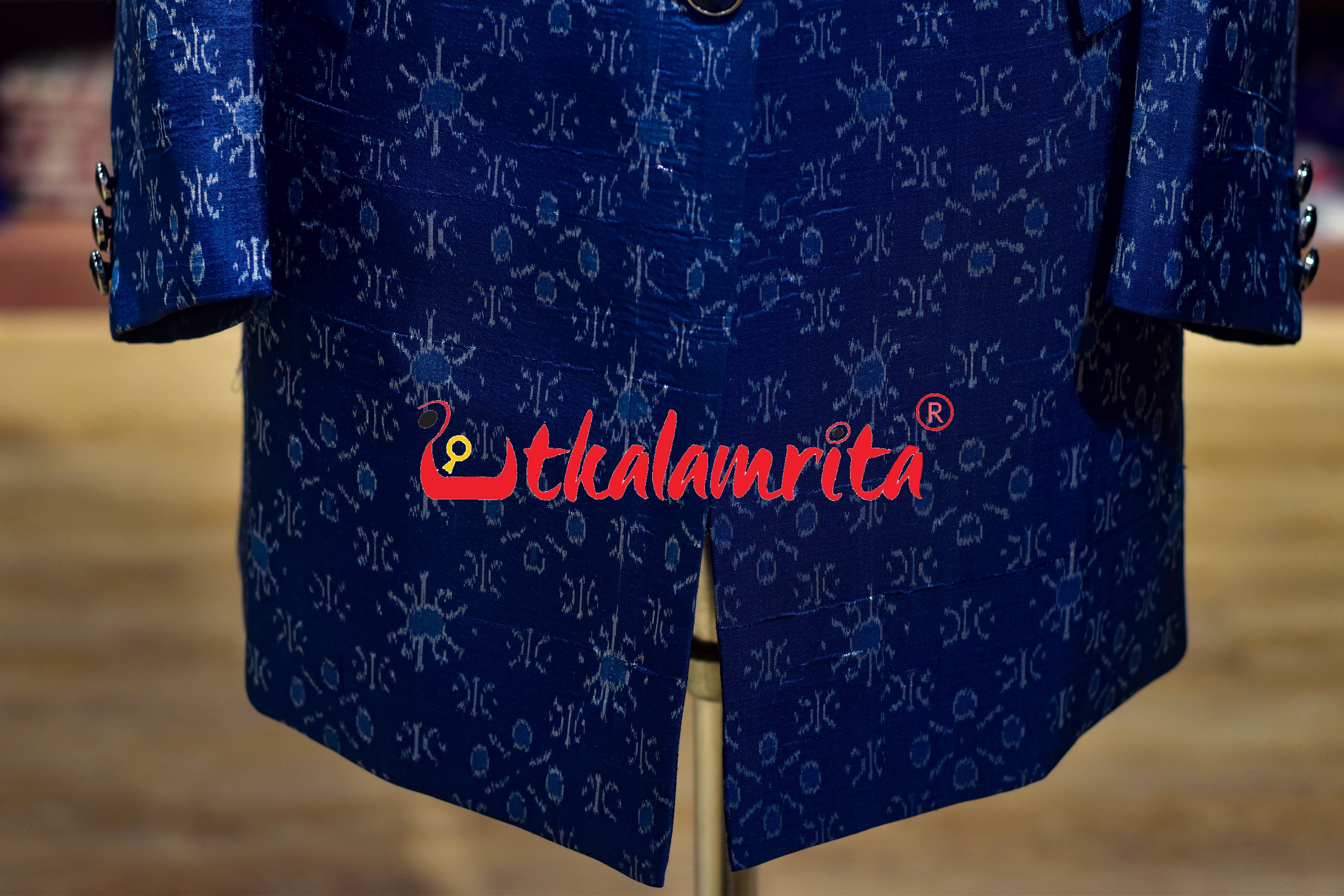 Royal Blue Star Flower Sambalpuri Silk Long (Ladies' Blazer)