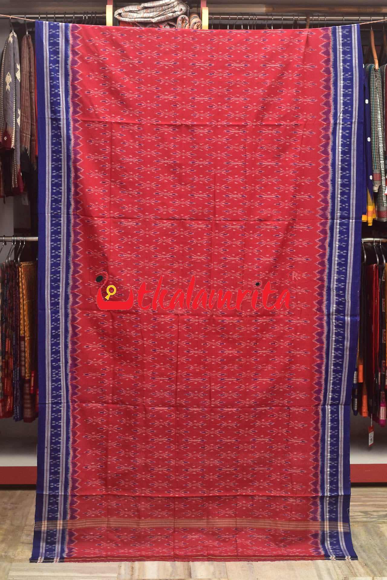 Red Blue Body Bandha Khandua Cotton Saree