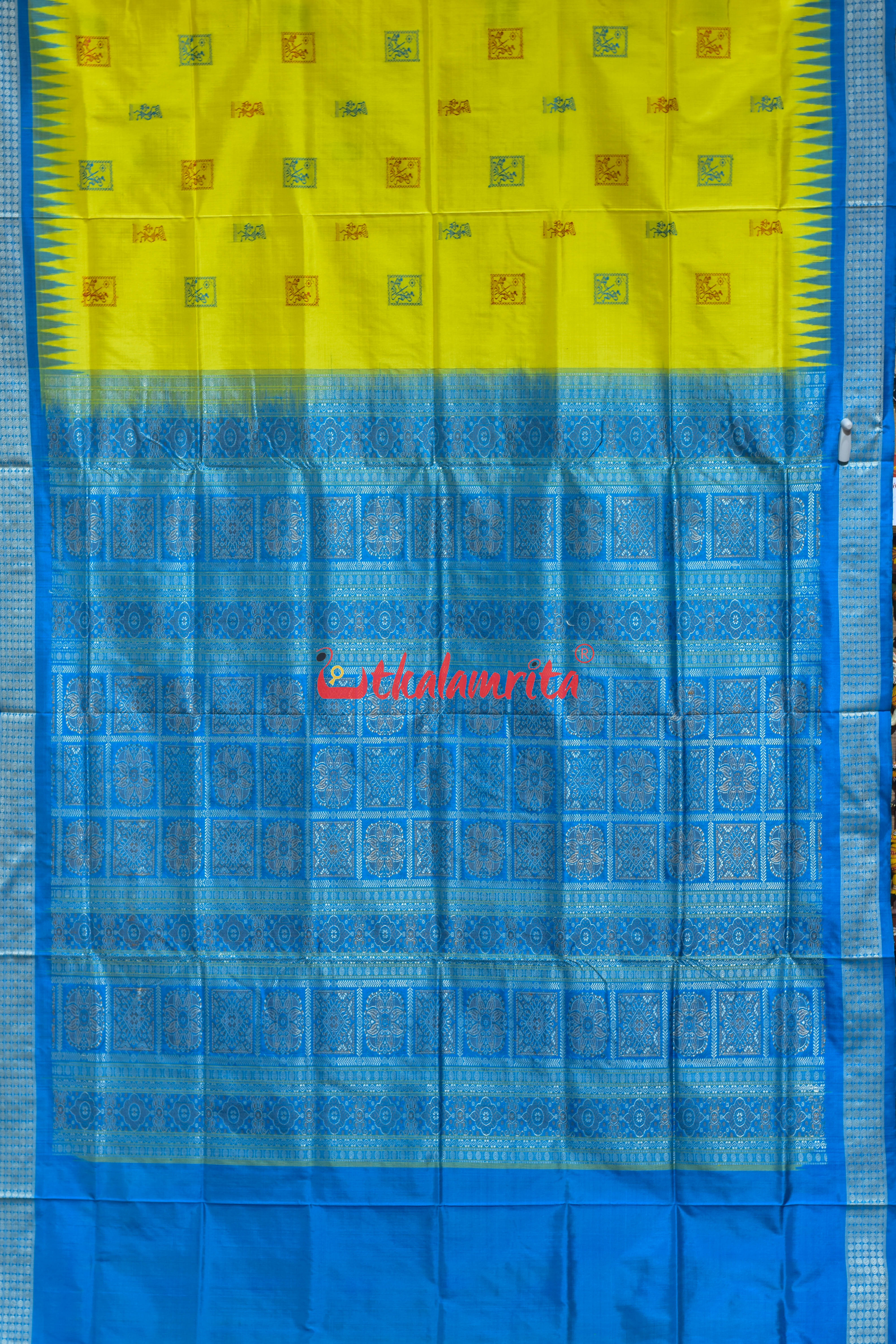 Lemon Yellow Copper Sulphate Box Tribal Bomkai Silk Saree