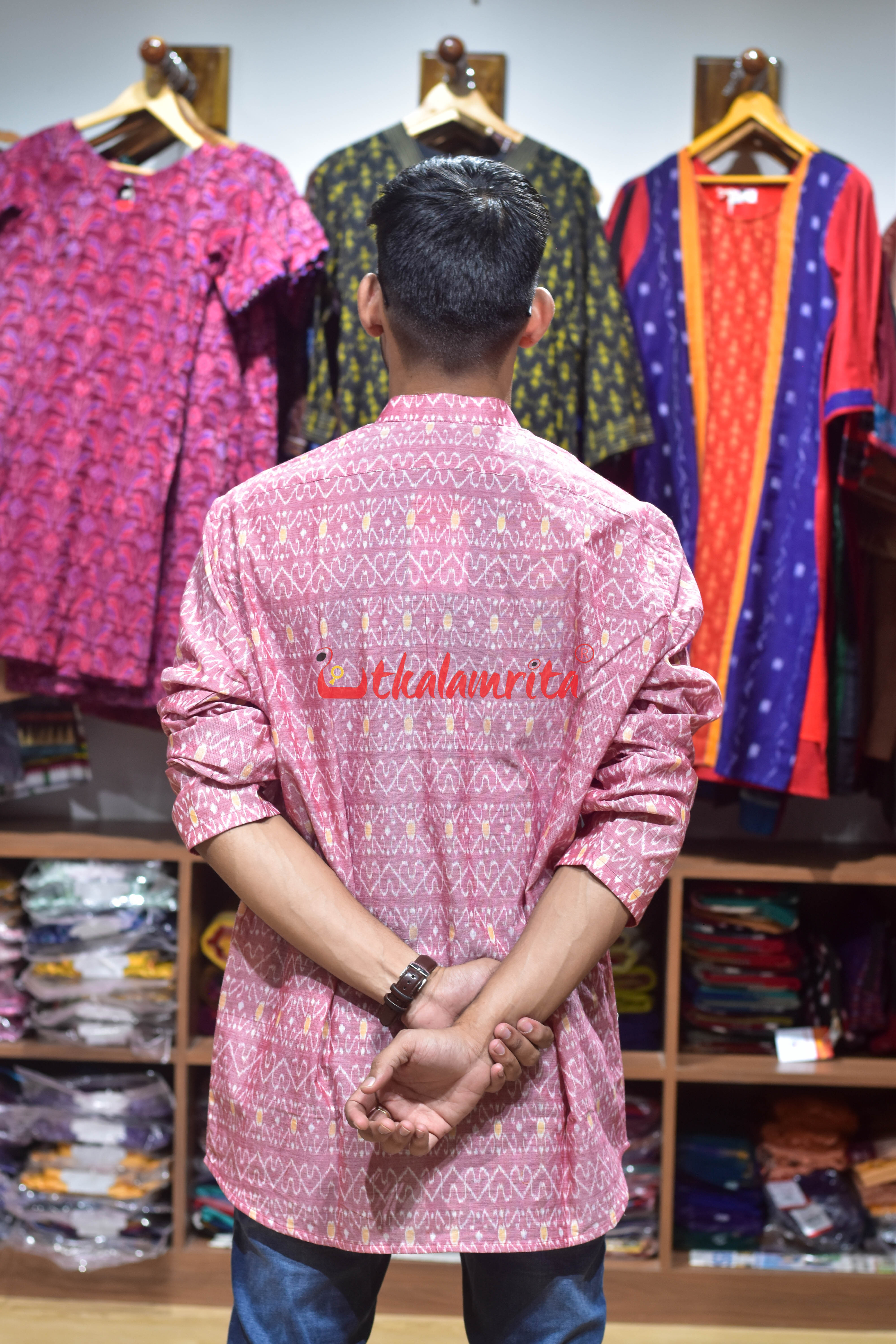 White Red S Design (Men's Short Kurta)