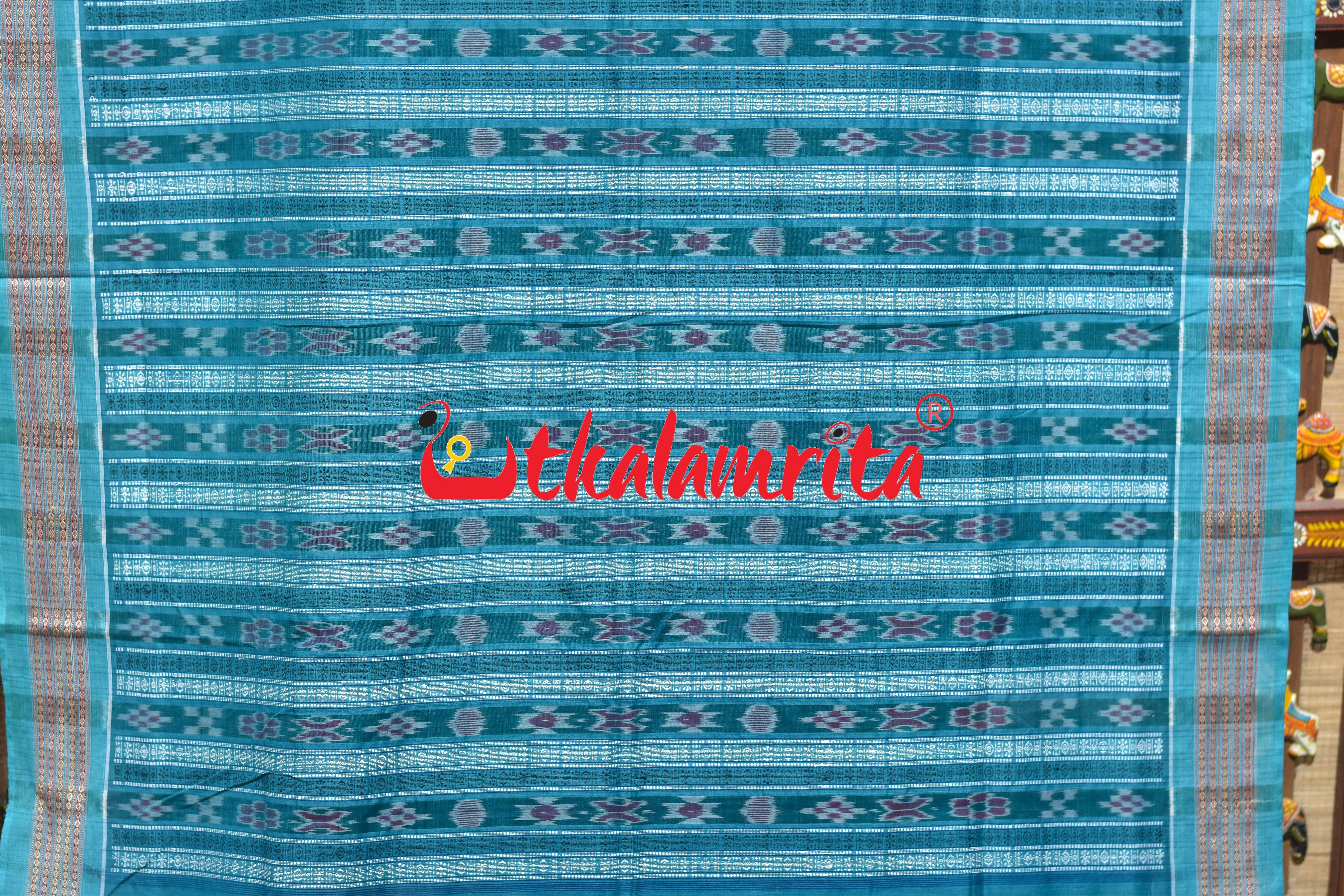 Blue Rama Green Flower Bomkai Cotton Saree