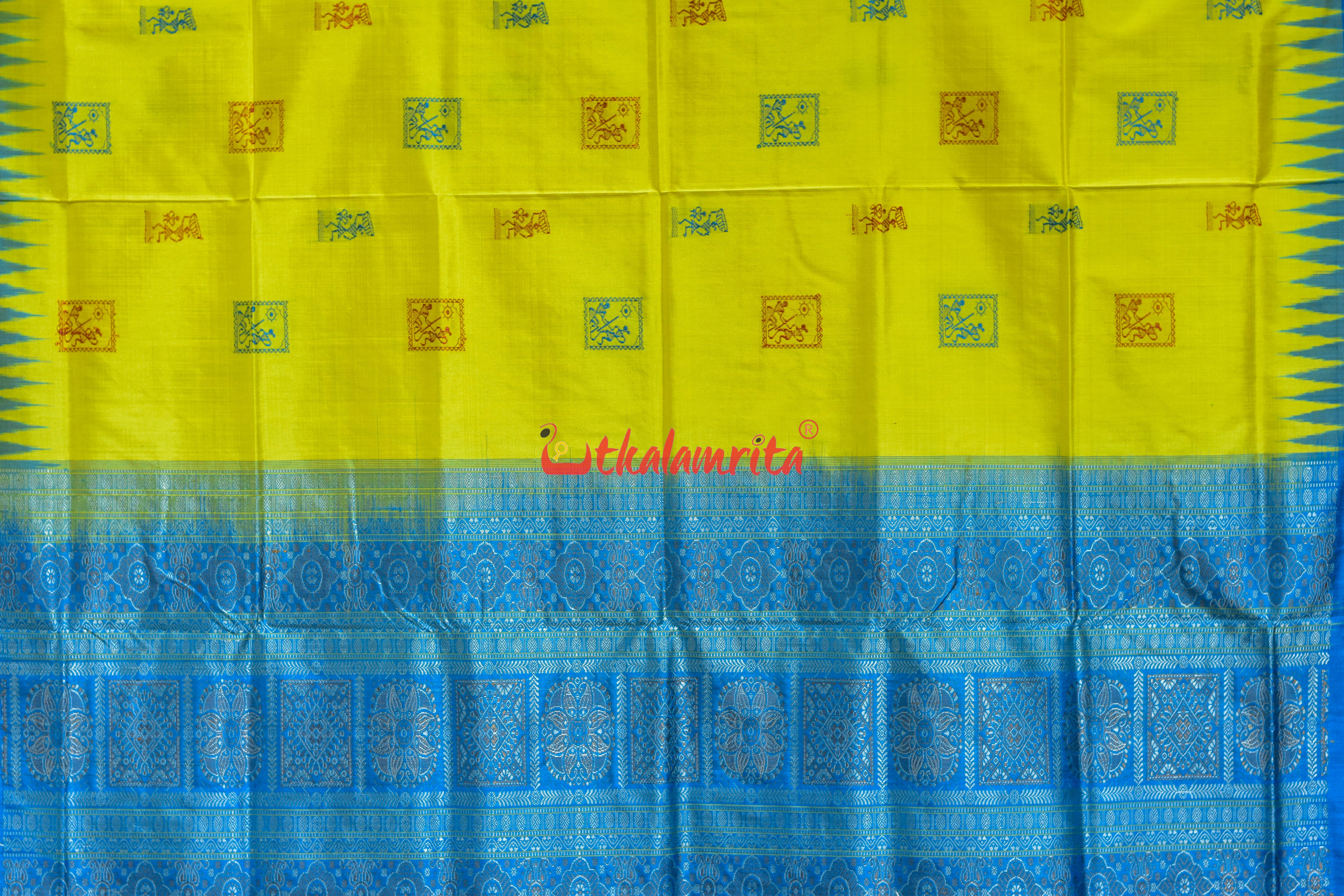 Lemon Yellow Copper Sulphate Box Tribal Bomkai Silk Saree
