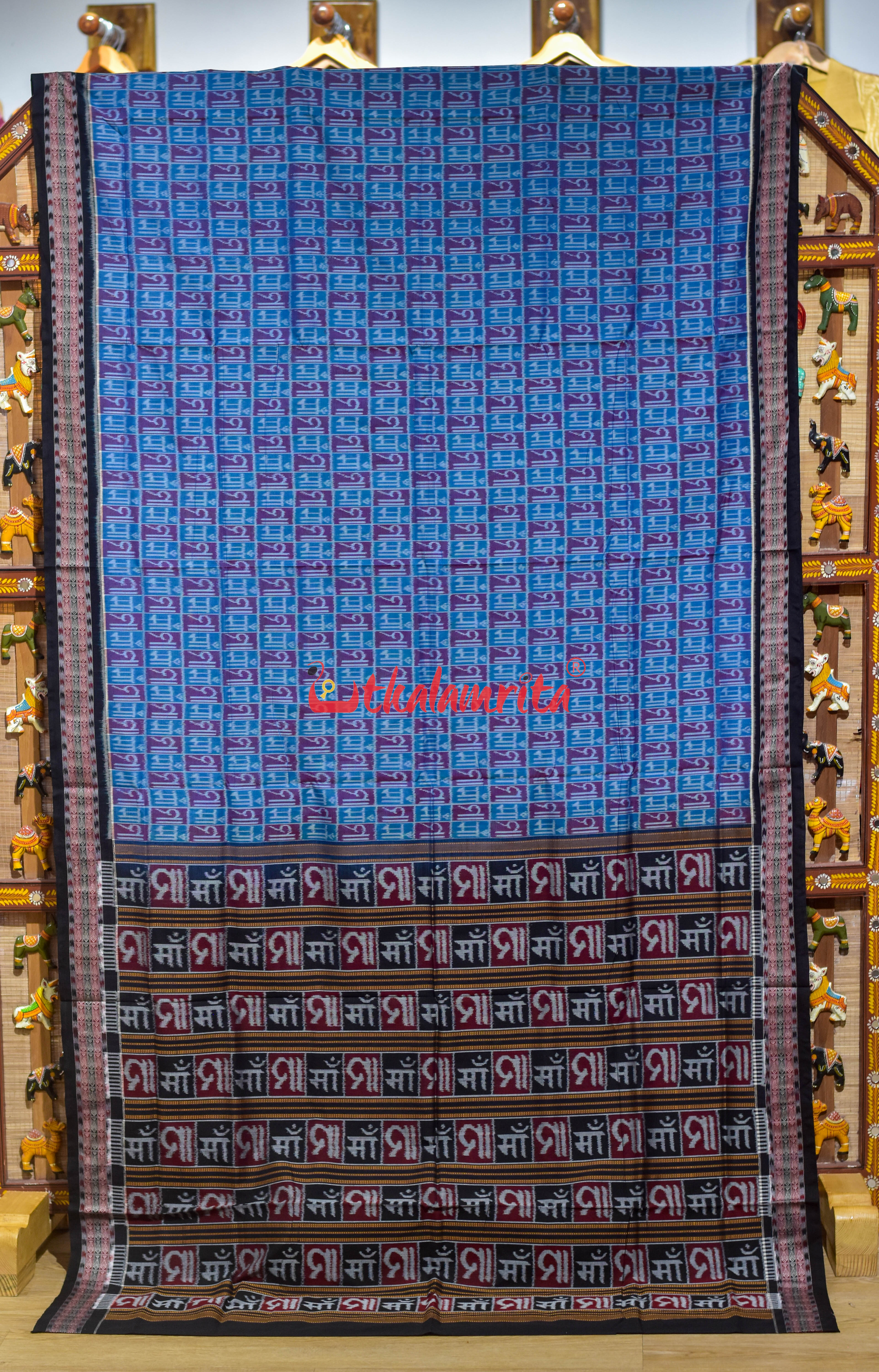 Teal Blue Red Maa Sambalpuri Cotton Saree