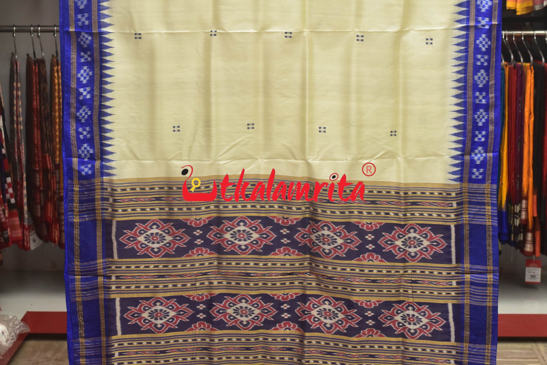 White with Blue Buti Pasapali Border Khandua Silk Saree