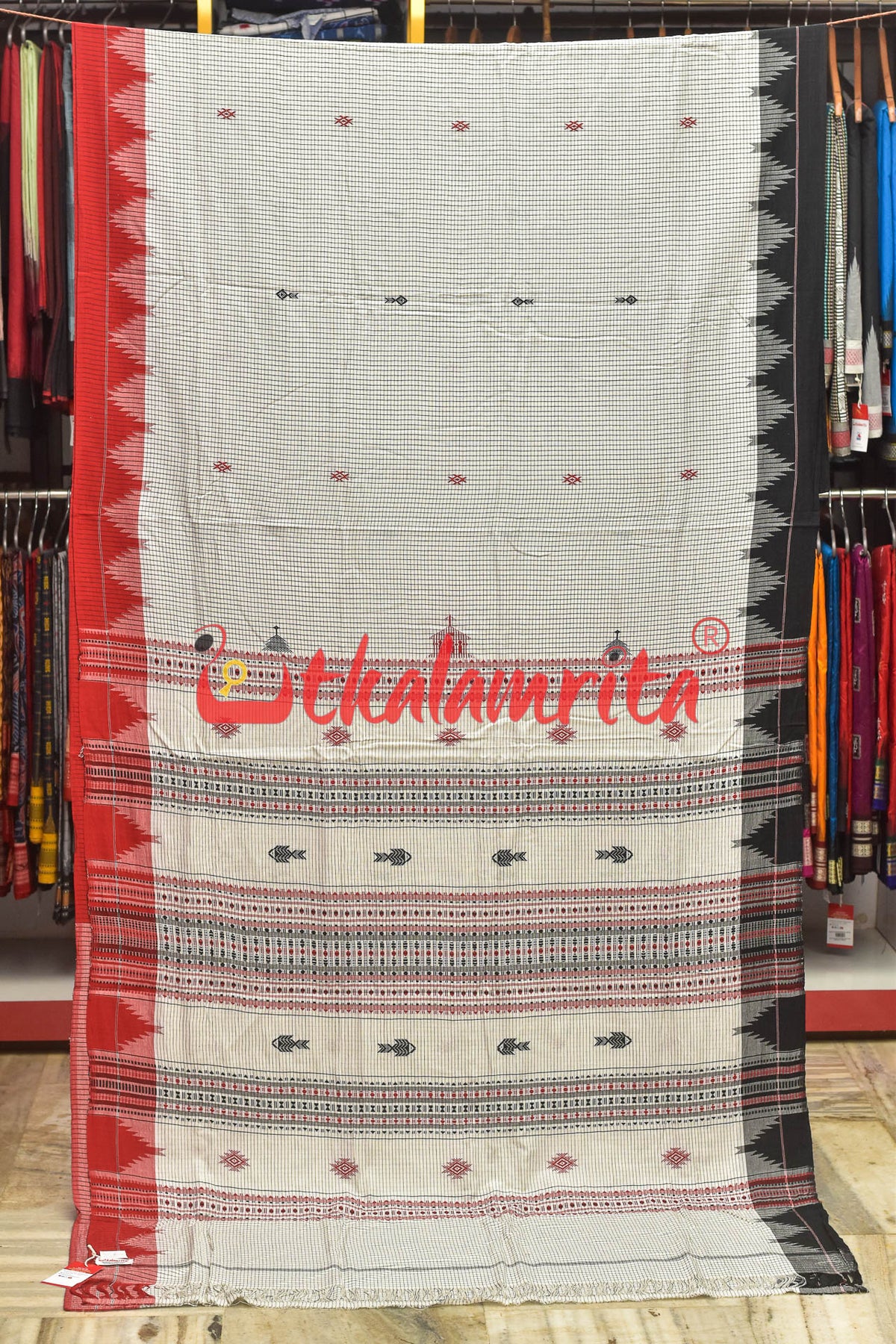 White Checks with Fish Cotton Kotpad Saree