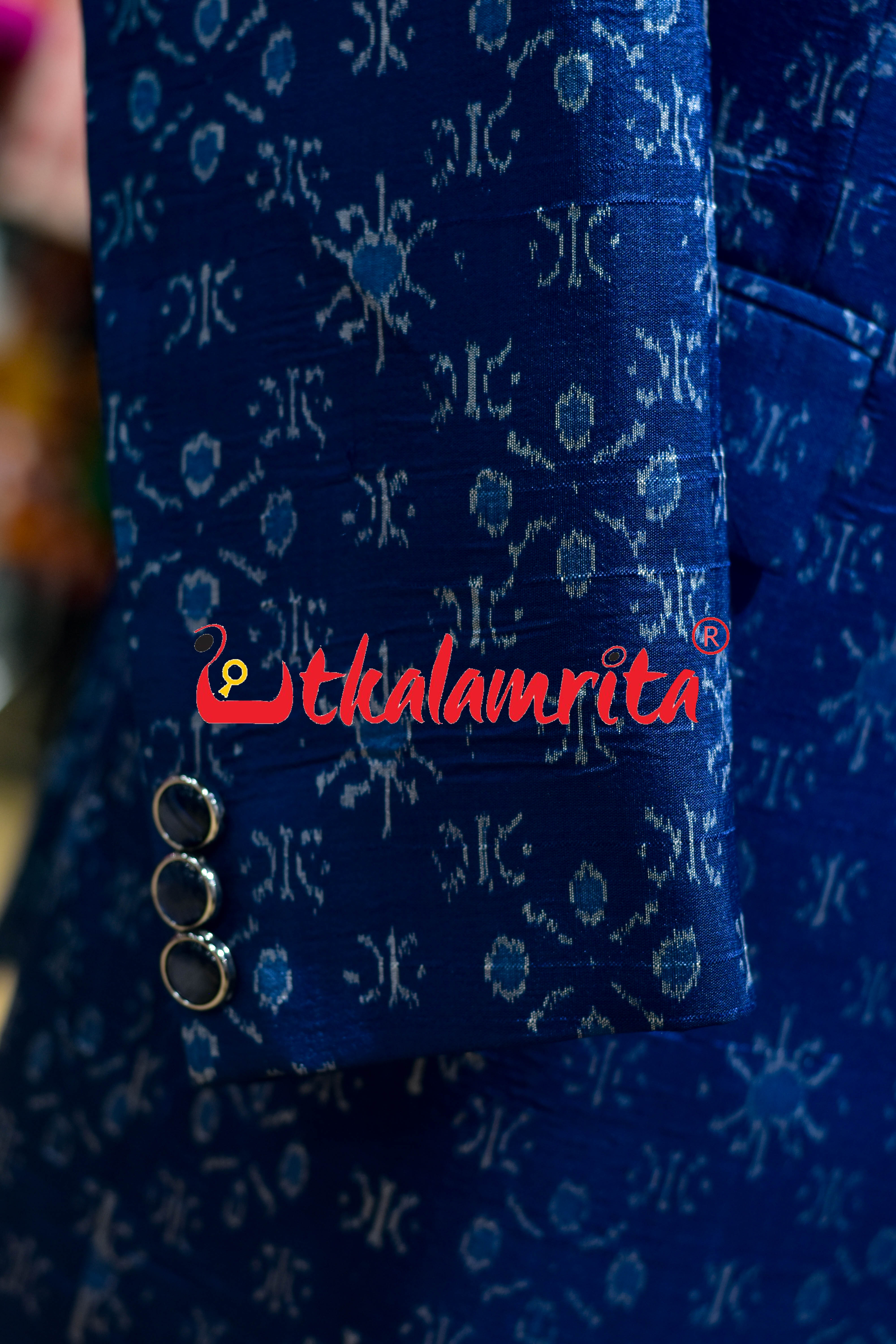 Royal Blue Star Flower Sambalpuri Silk Long (Ladies' Blazer)