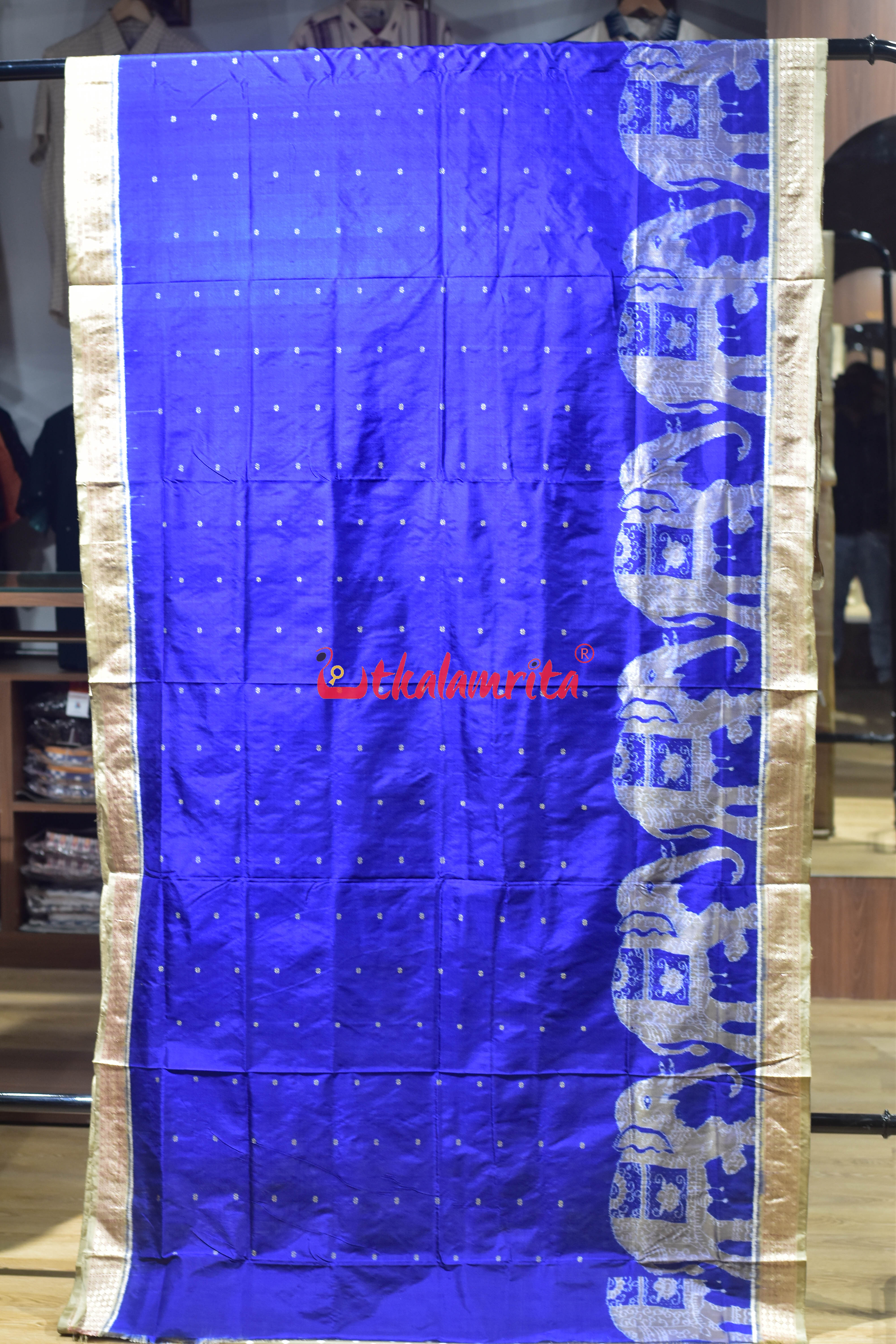 Blue Golden Bada Hathi Sambalpuri Silk Saree