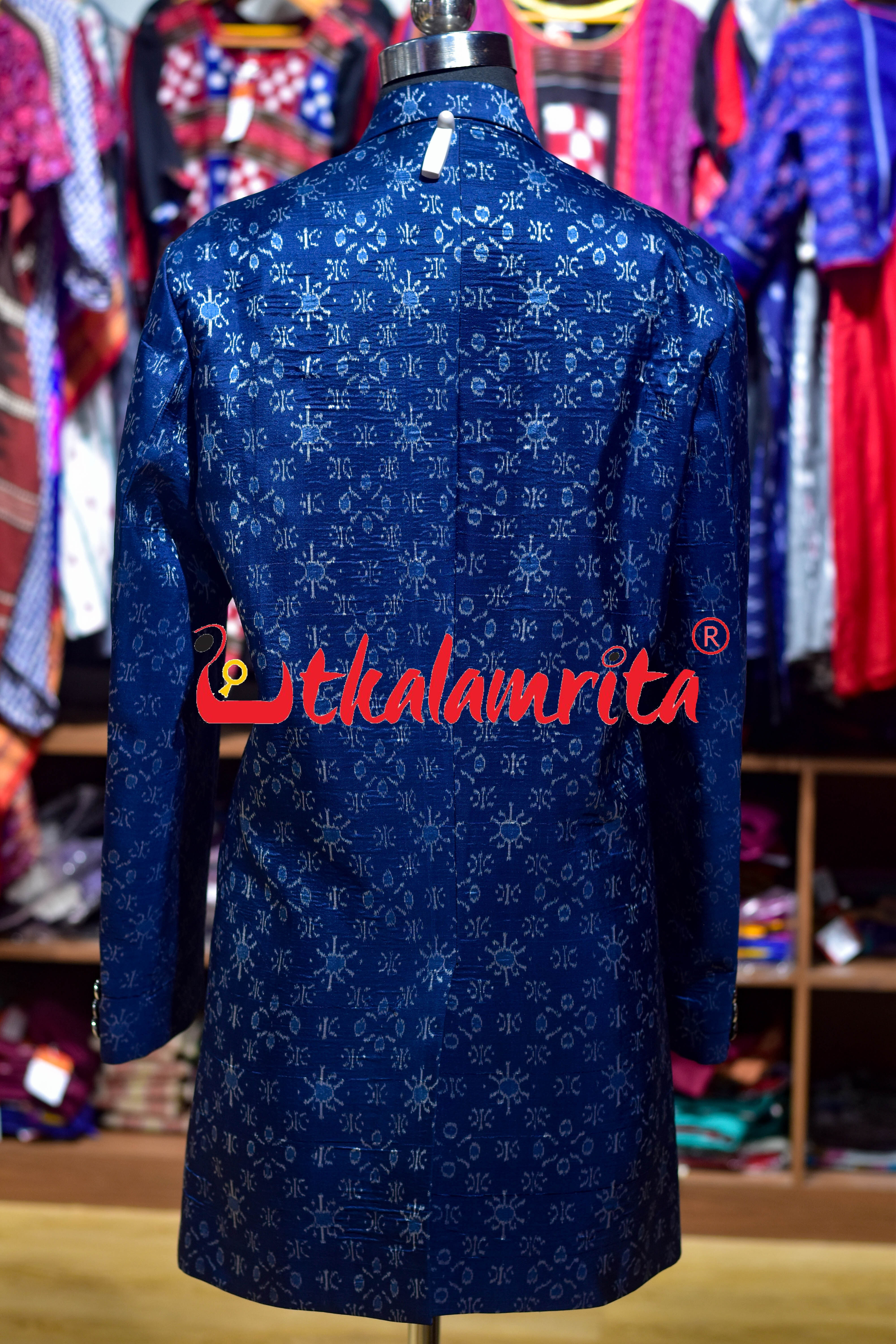 Royal Blue Star Flower Sambalpuri Silk Long (Ladies' Blazer)