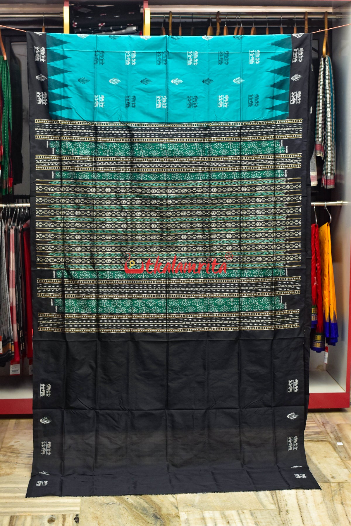 Teal Hati Black Bomkai Silk Saree