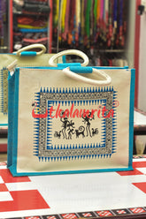 Blue Tribals Dancing Big Jute Bag