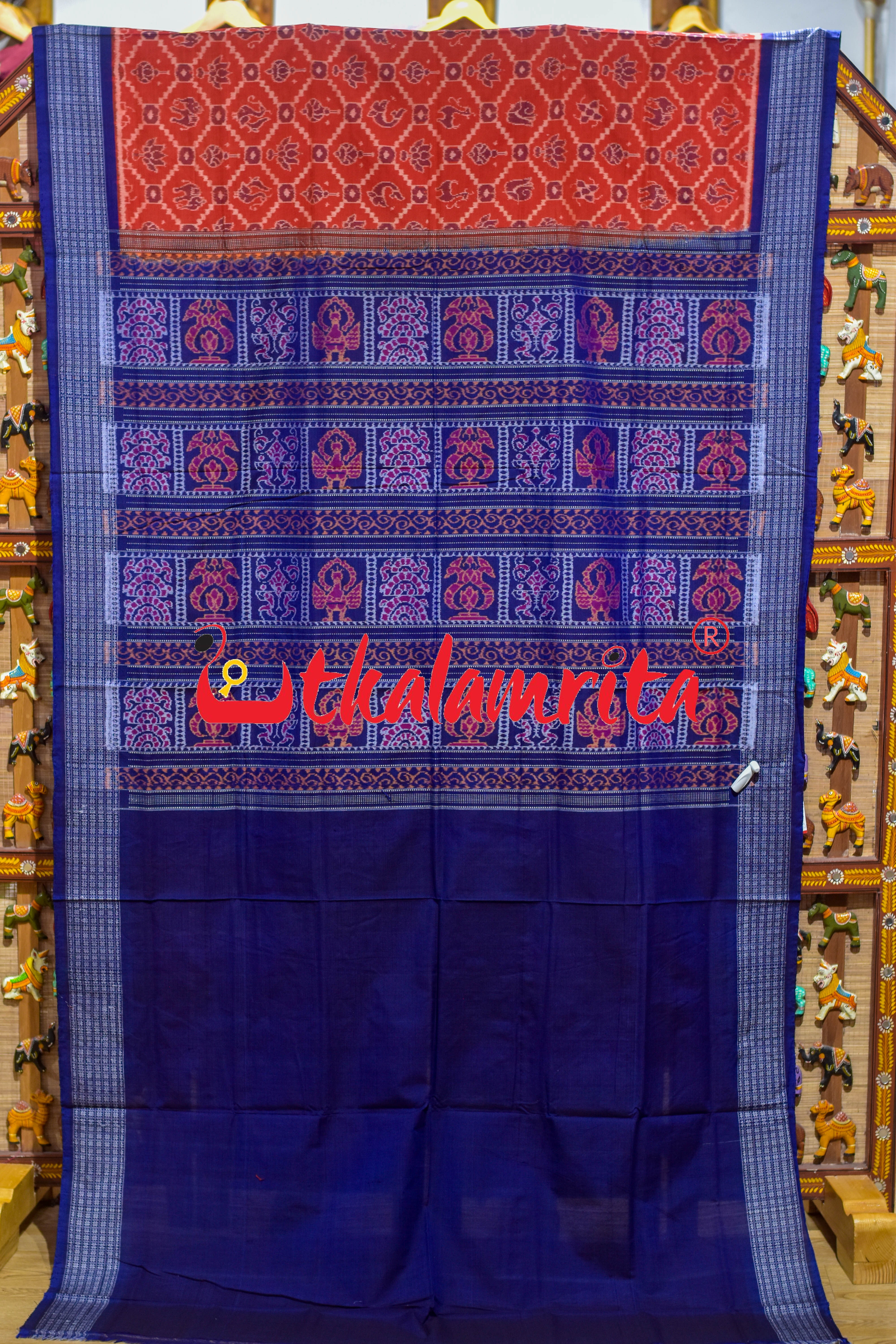 Sankha Padma Rust Blue Sambalpuri Cotton Saree