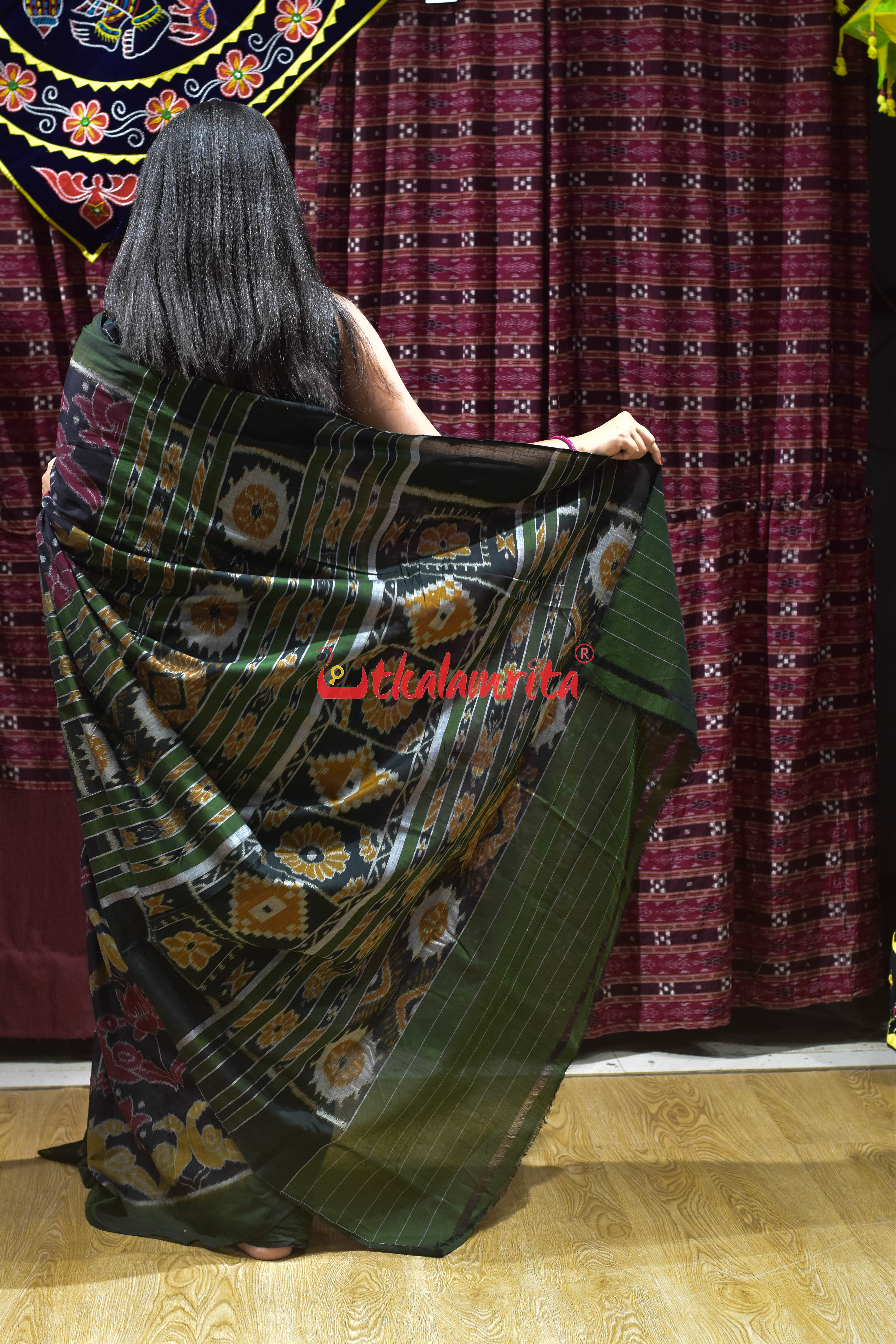Lotus Parrot Black Khandua Cotton Saree