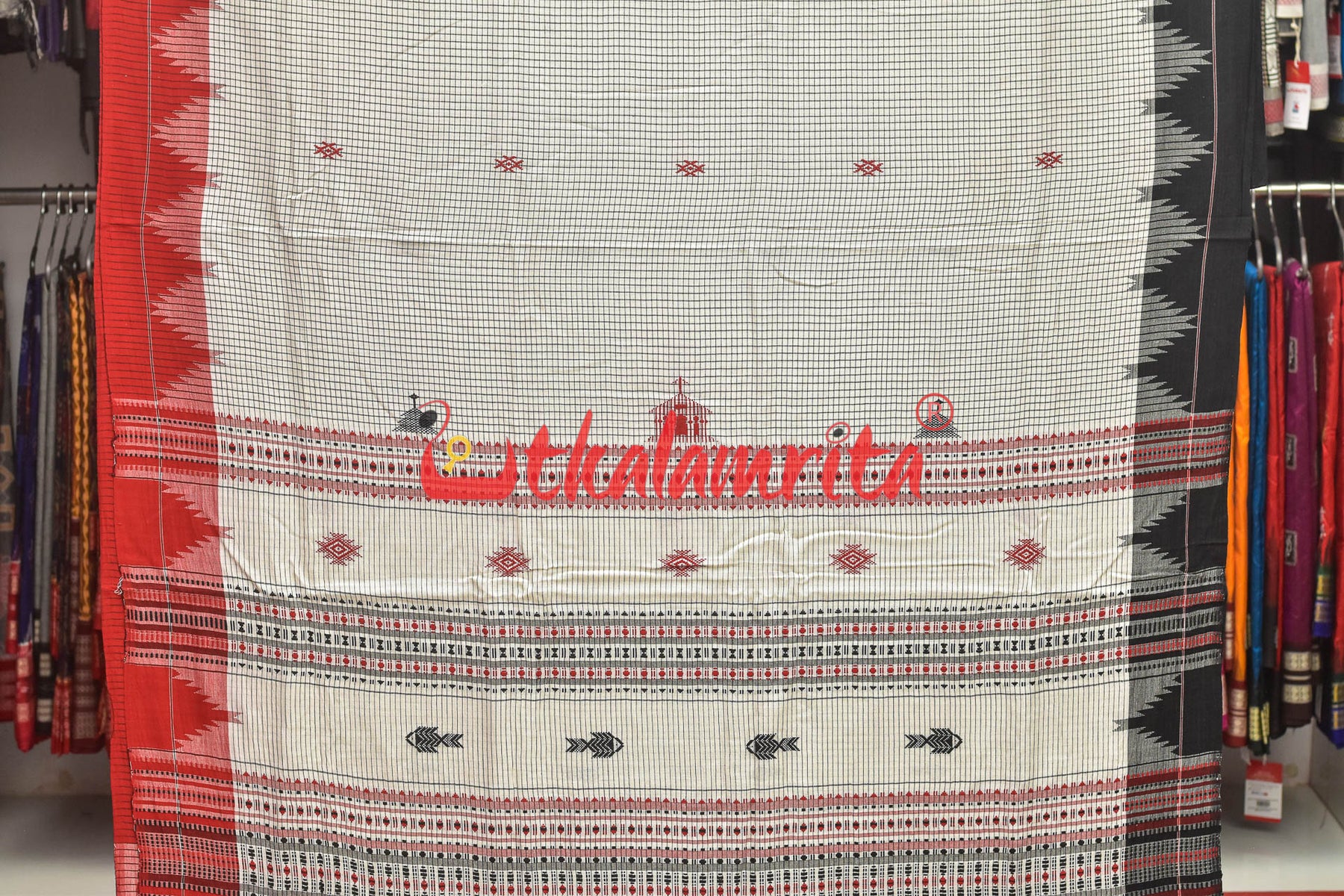 White Checks with Fish Cotton Kotpad Saree