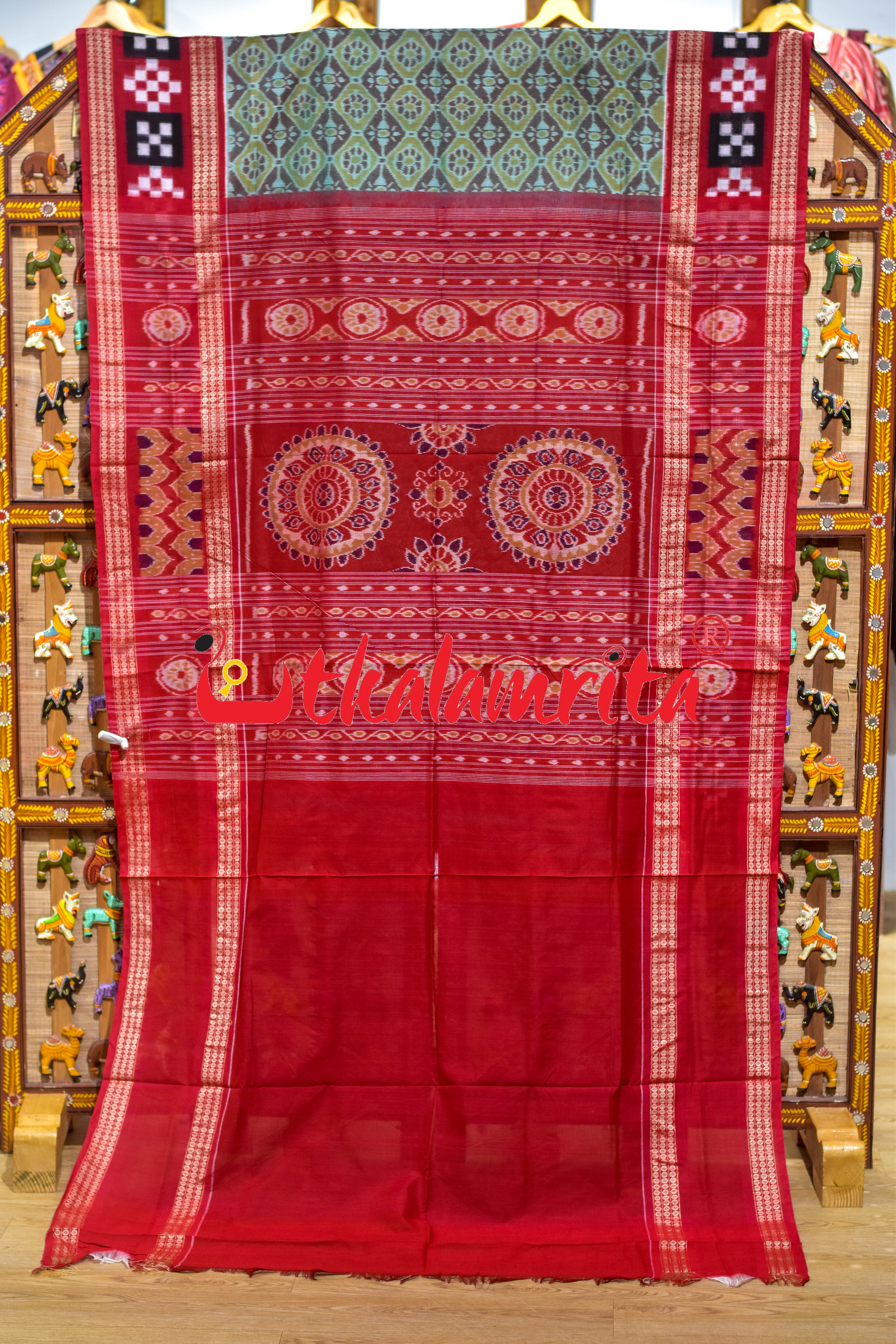 Green Red Dual Color Pasapali Border Cotton Saree