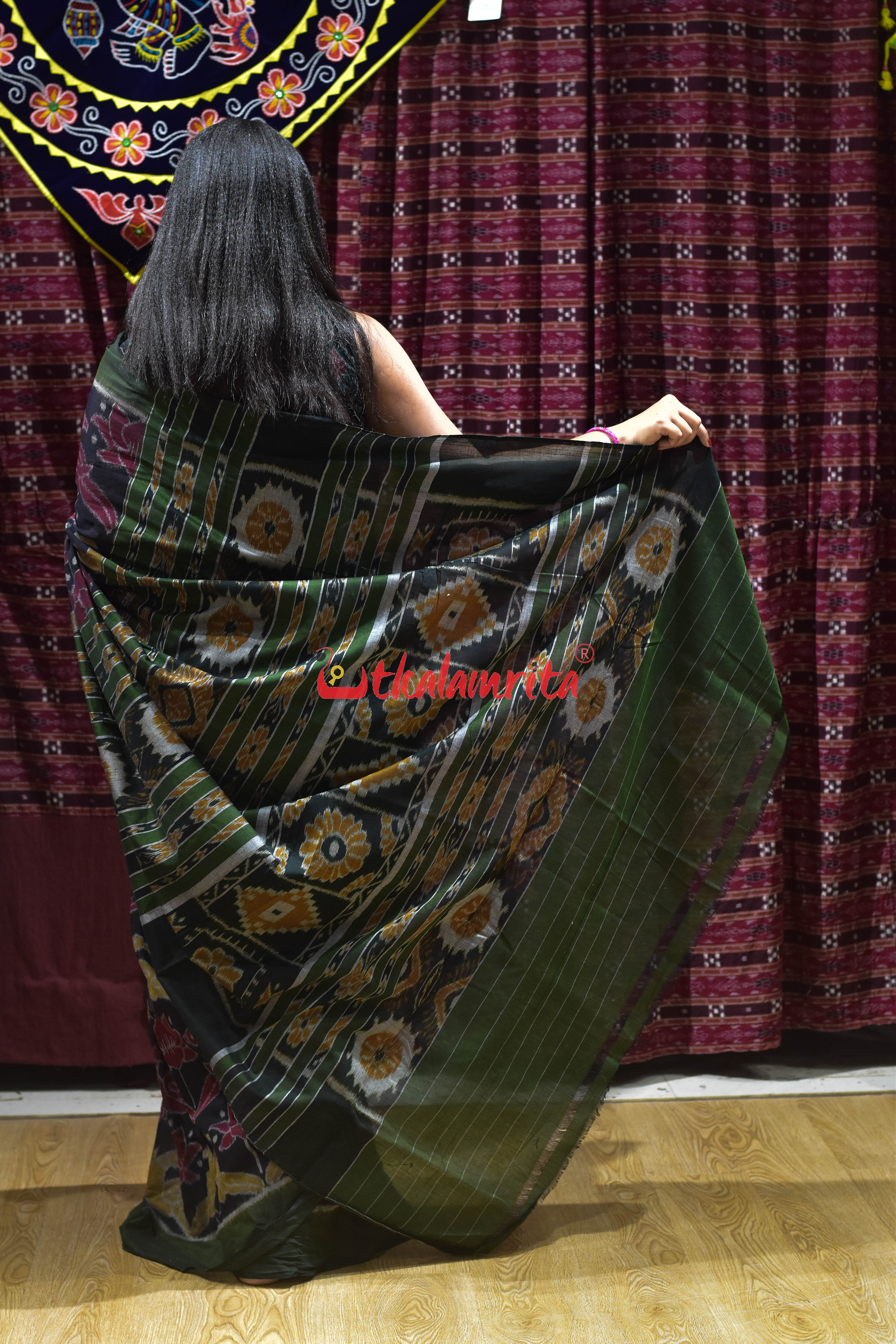 Lotus Parrot Black Khandua Cotton Saree