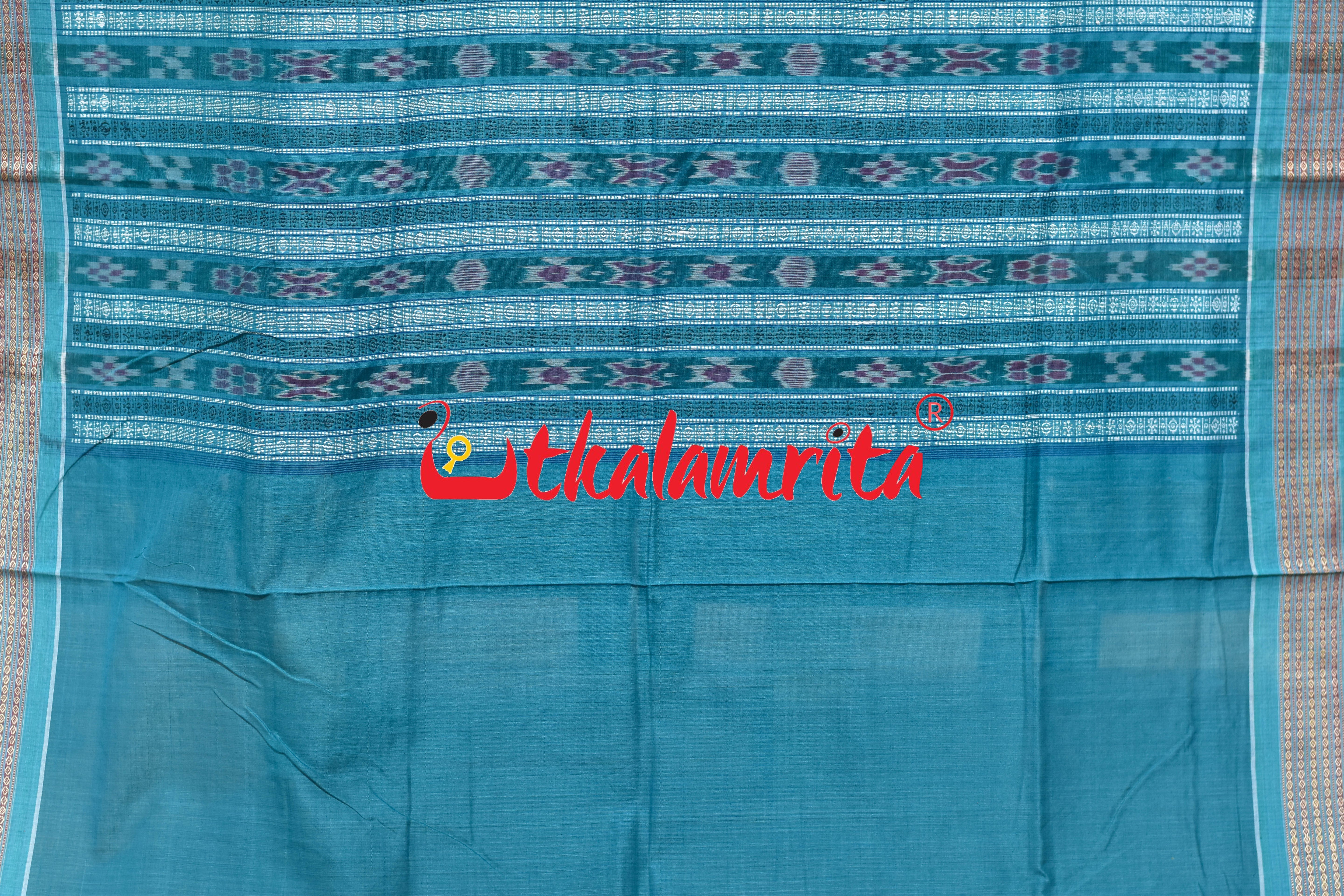 Blue Rama Green Flower Bomkai Cotton Saree