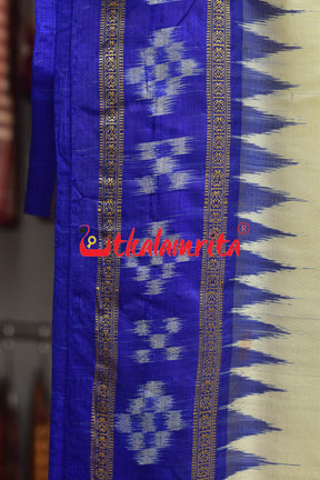 White with Blue Buti Pasapali Border Khandua Silk Saree