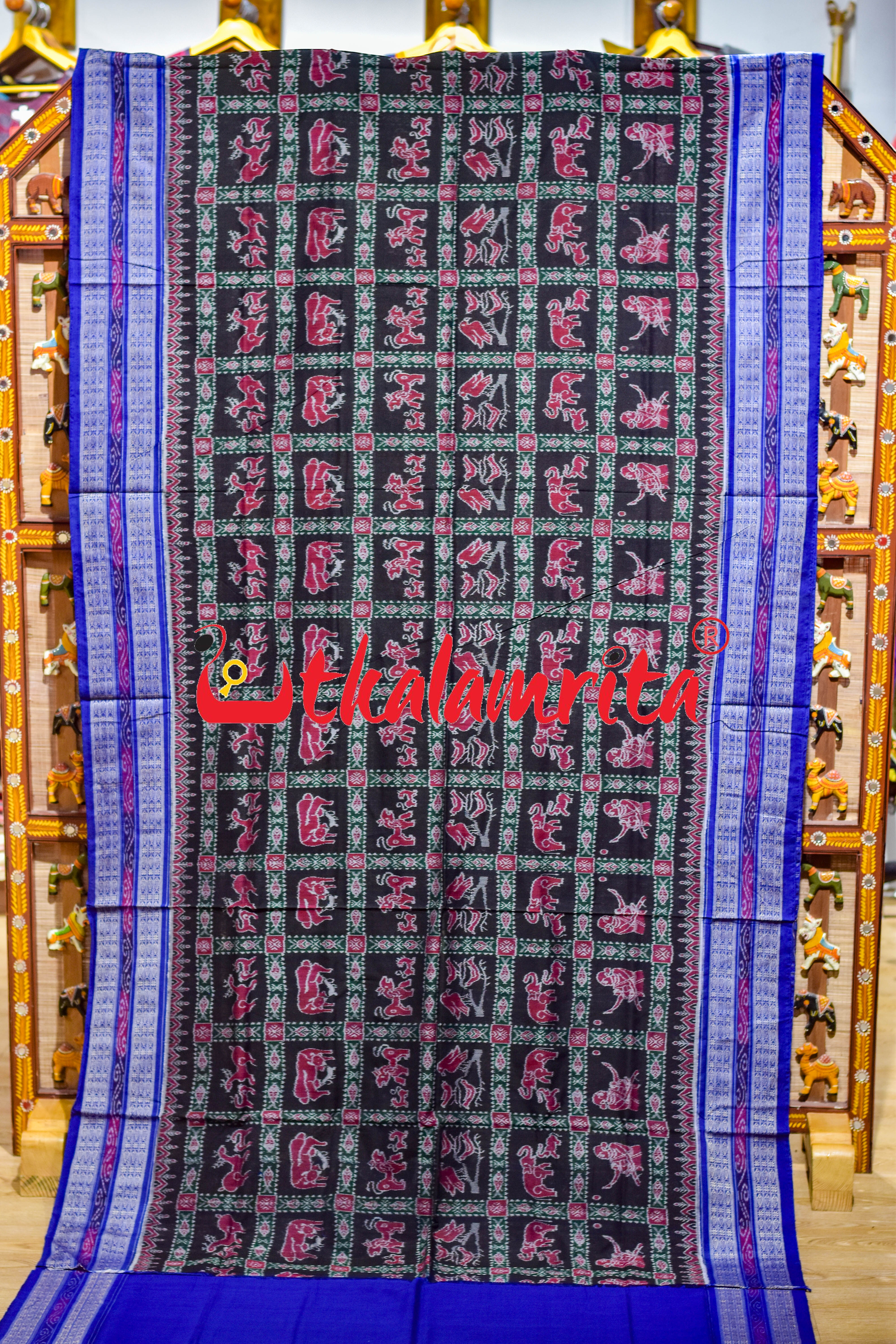 Black Blue Jungle Theme Sambalpuri Cotton Saree