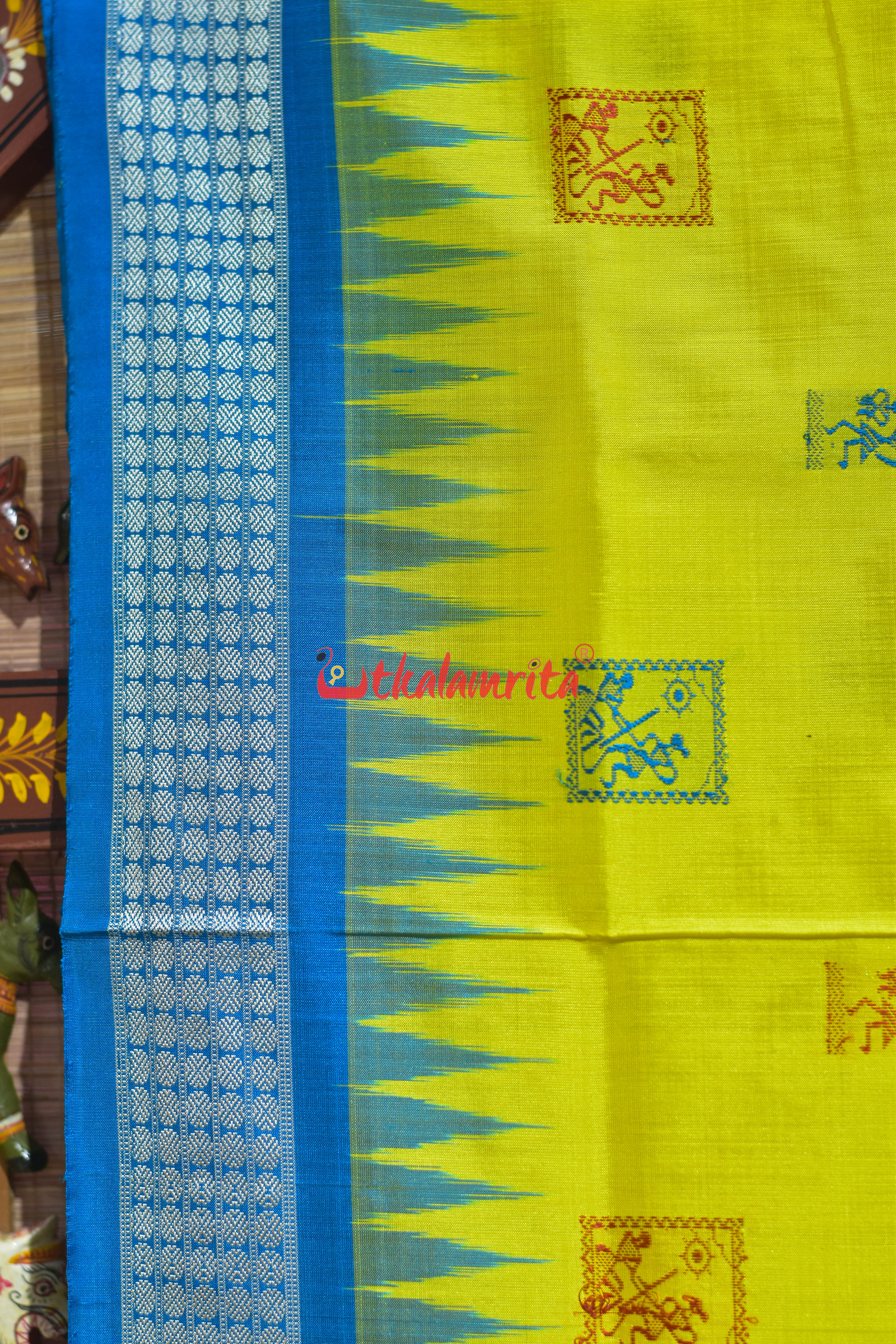 Lemon Yellow Copper Sulphate Box Tribal Bomkai Silk Saree