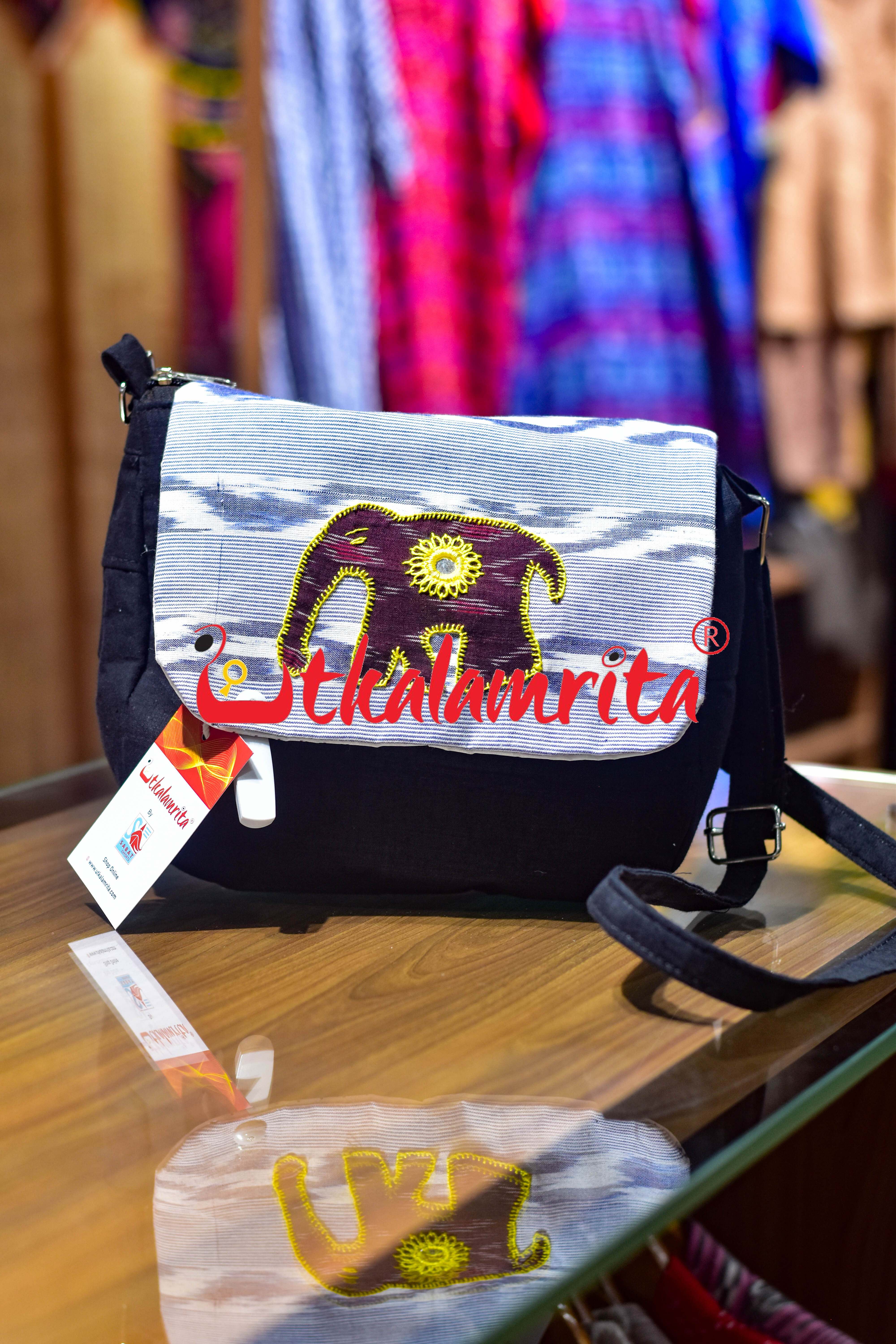 Black White Elephant Applique Sling Bag