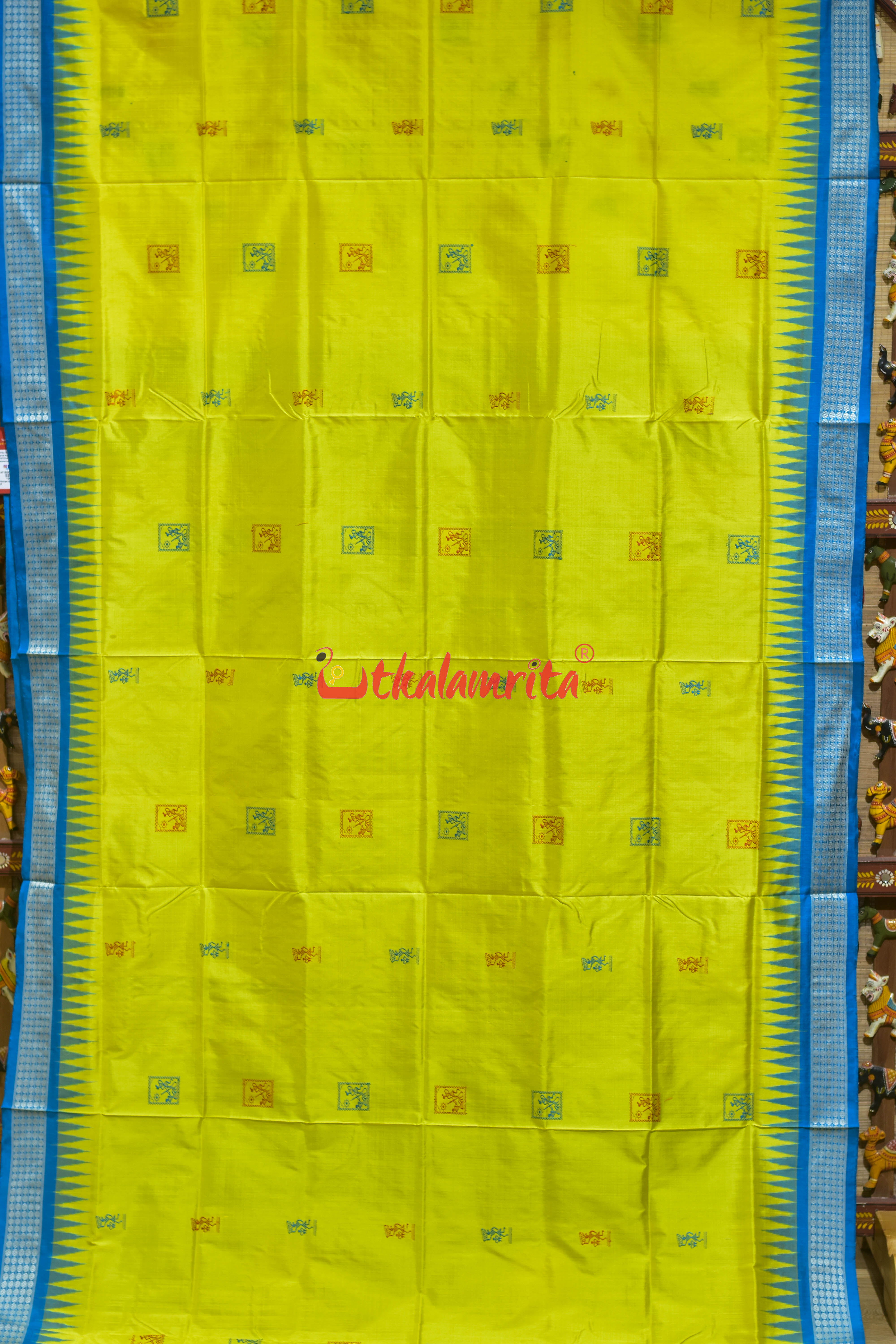 Lemon Yellow Copper Sulphate Box Tribal Bomkai Silk Saree