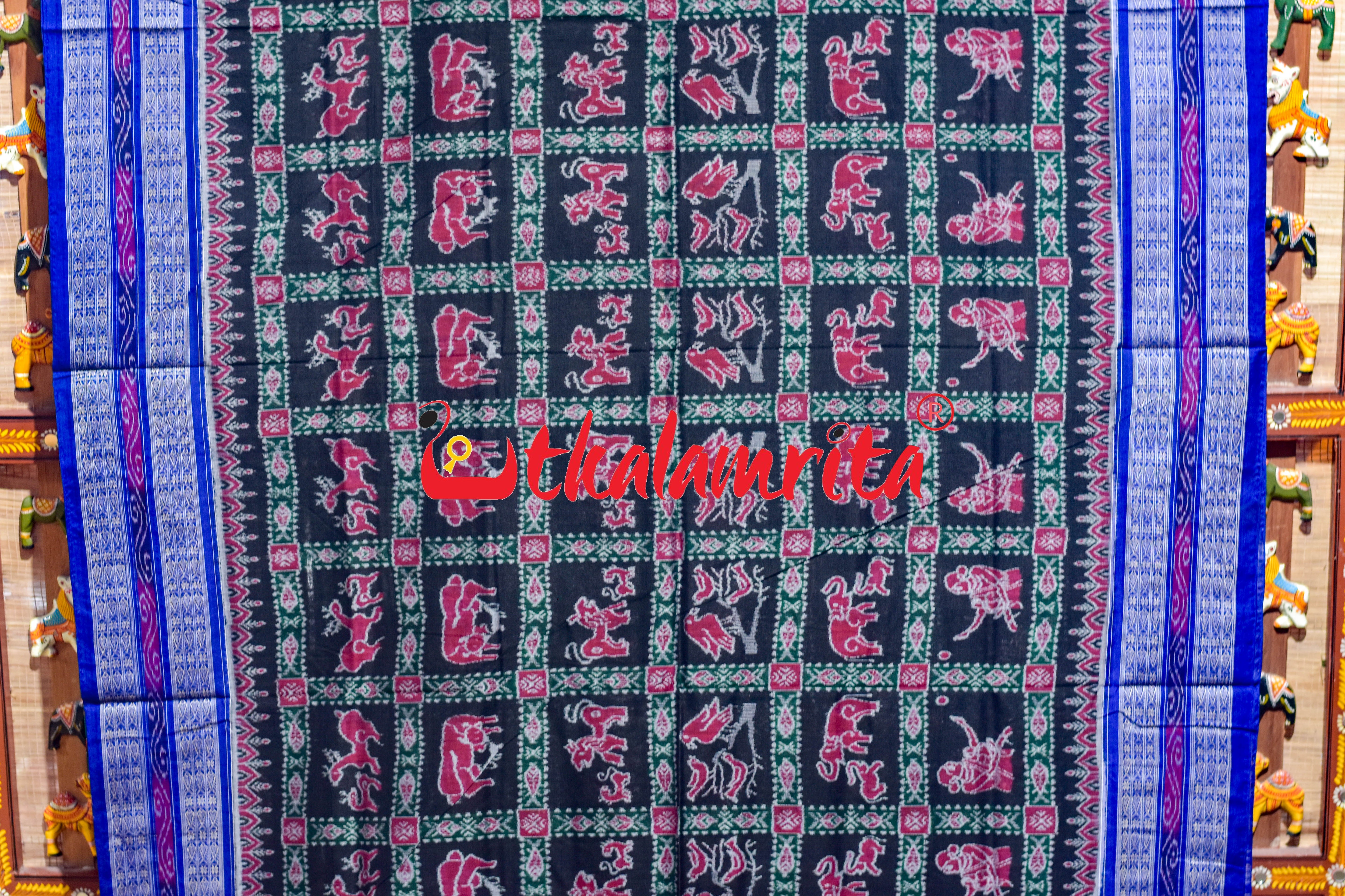Black Blue Jungle Theme Sambalpuri Cotton Saree