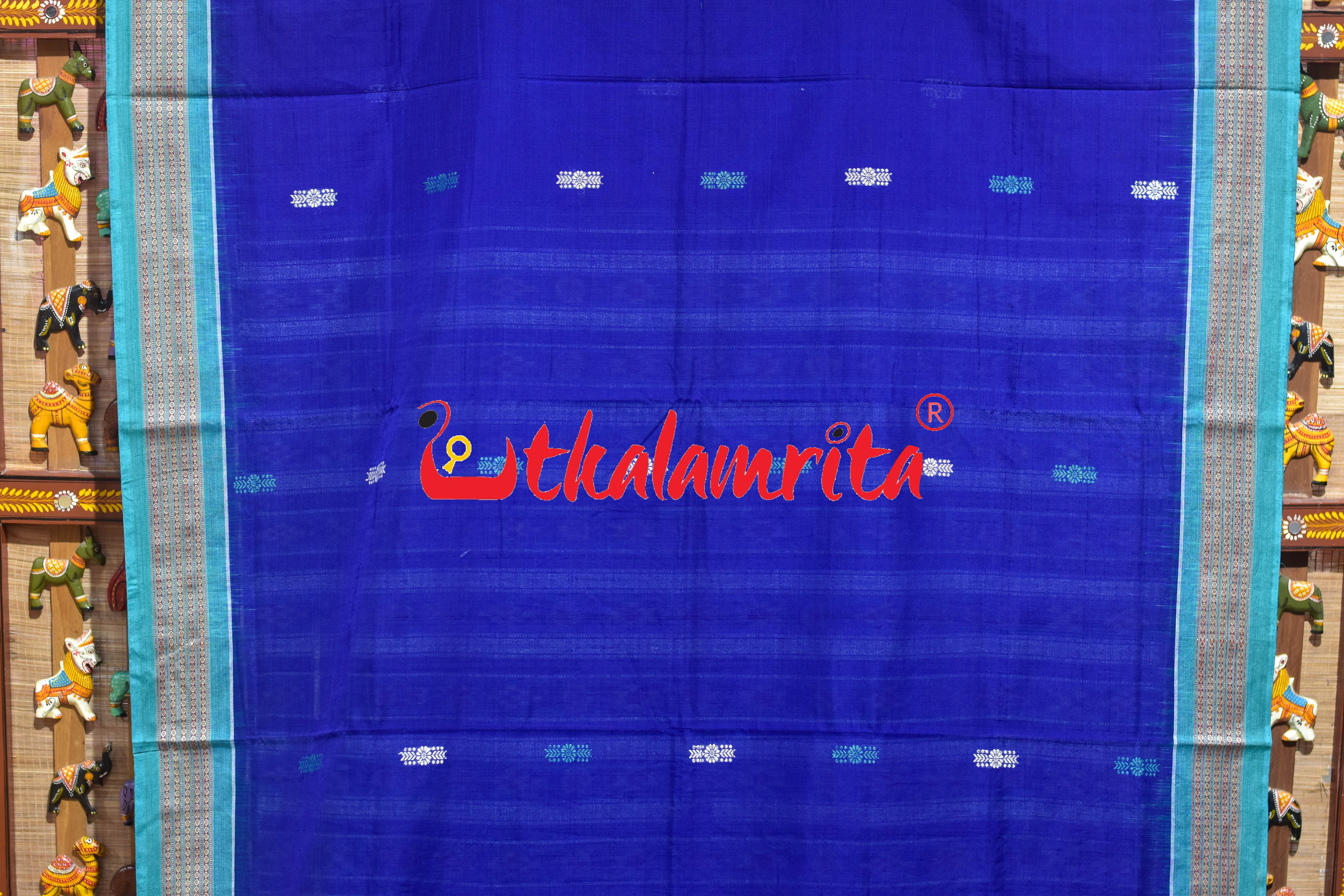 Blue Rama Green Flower Bomkai Cotton Saree