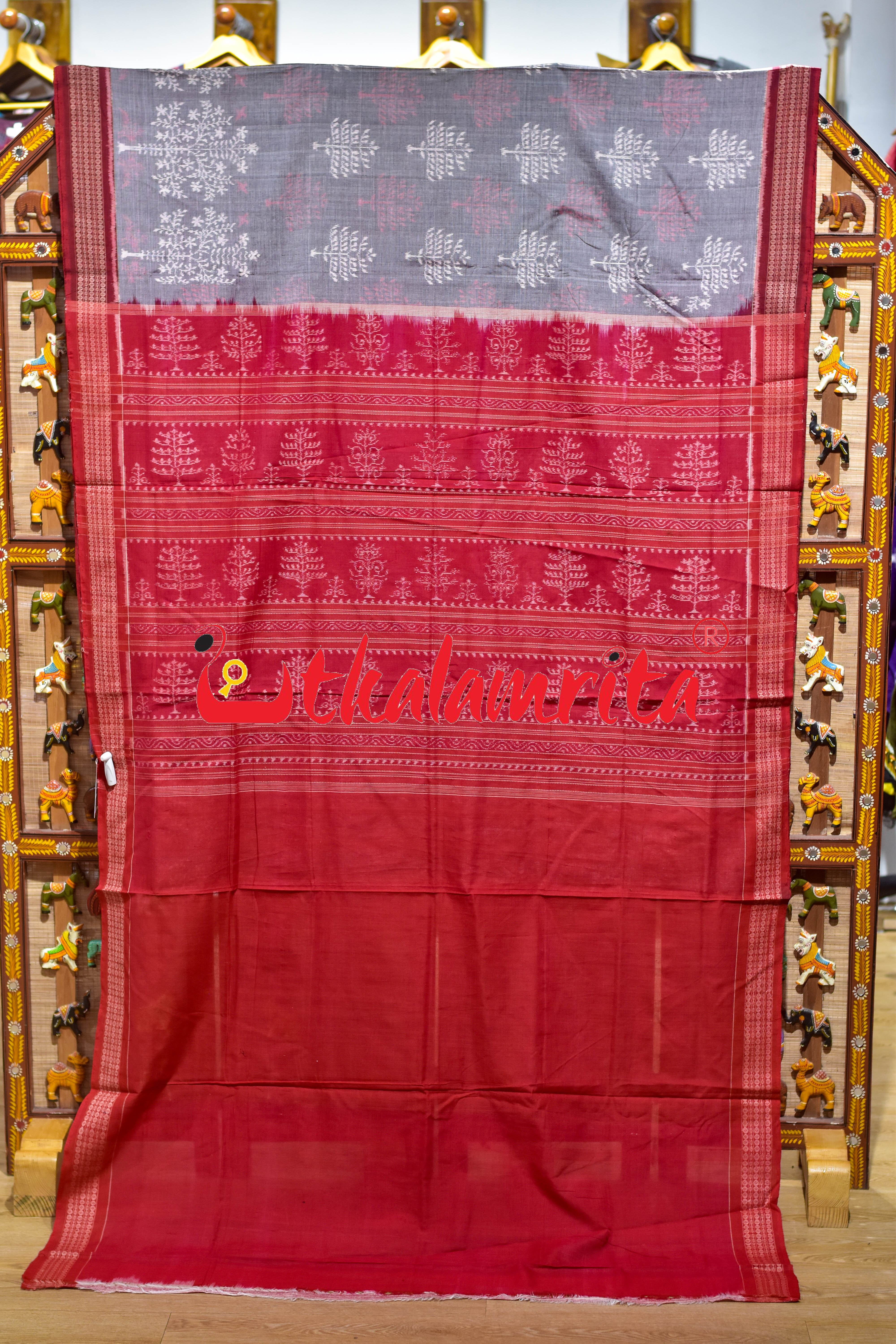 Grey Maroon Tree of Life Sambalpuri Cotton Saree