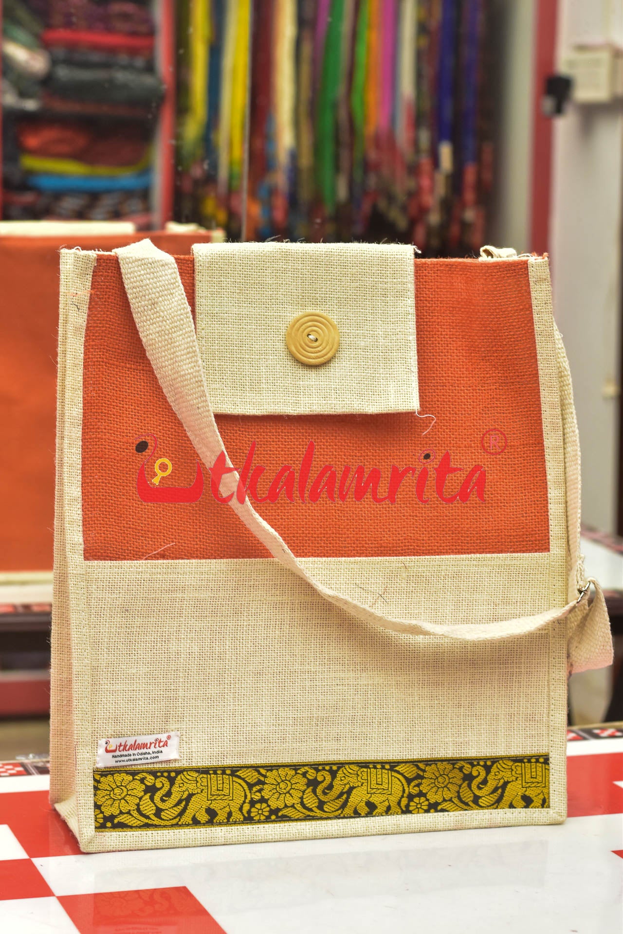 Orange with Hati Welcro Closure Jute Bag