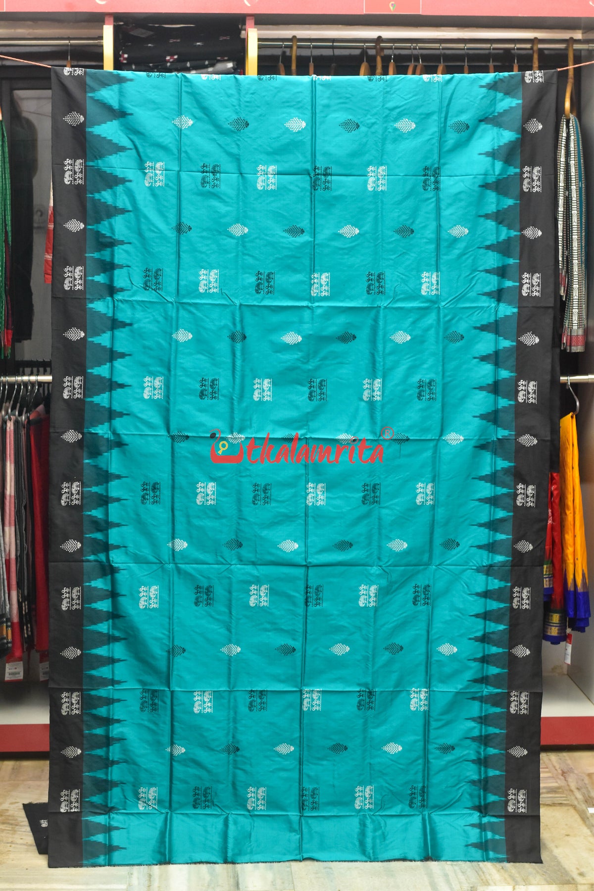 Teal Hati Black Bomkai Silk Saree