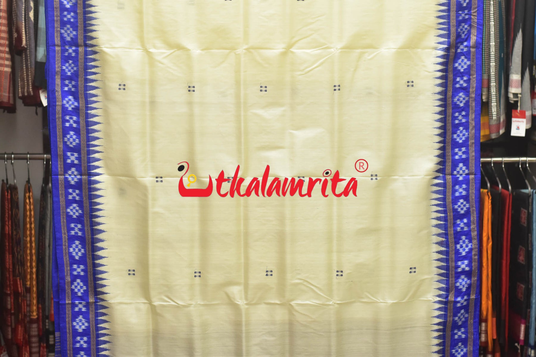 White with Blue Buti Pasapali Border Khandua Silk Saree