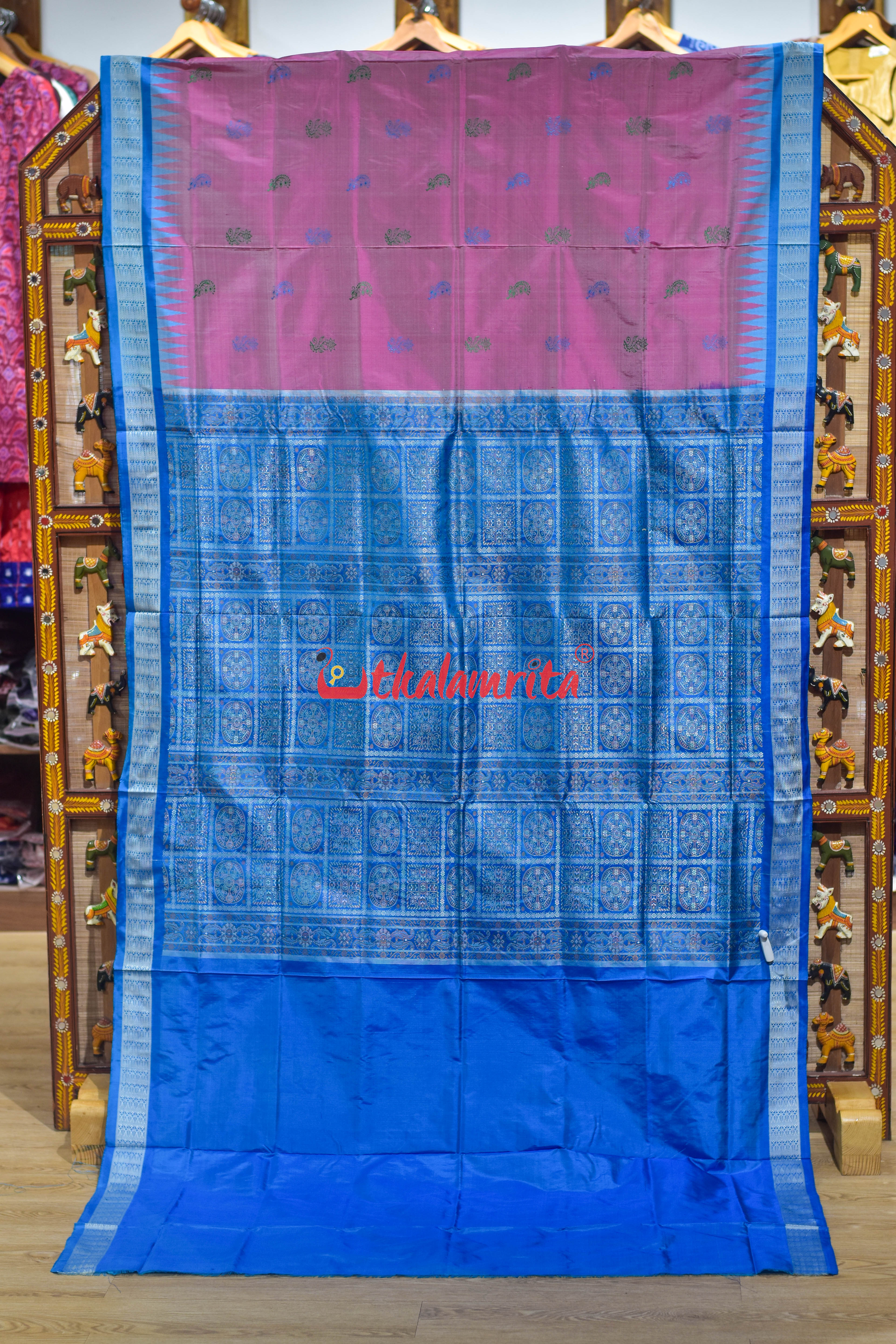 Light Pink Blue Phula Dala Bomkai Silk Saree